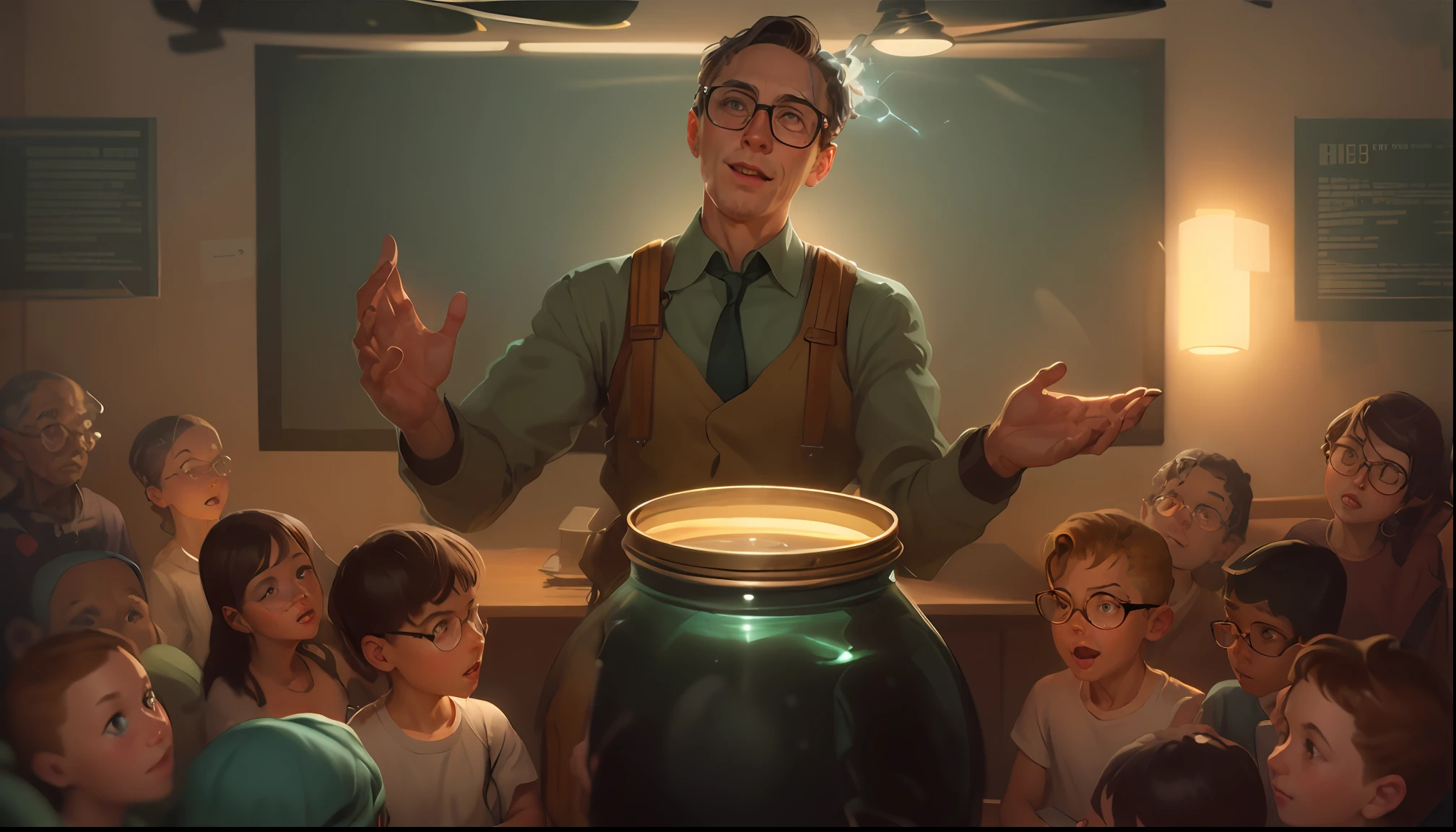 there is a man standing in front of a large jar of fish, with kids around looking at him, inspirado em Art Frahm, inspirado em Patrick Brown, science fantasy painting, Directed by: Jason Felix, Cyril Rolando e M. w kaluta |, Cyril Rolando e M.w kaluta |, lovecraft illustration, Tolkien e Michael Komarck, inspirado em Samuel F. B. Morse