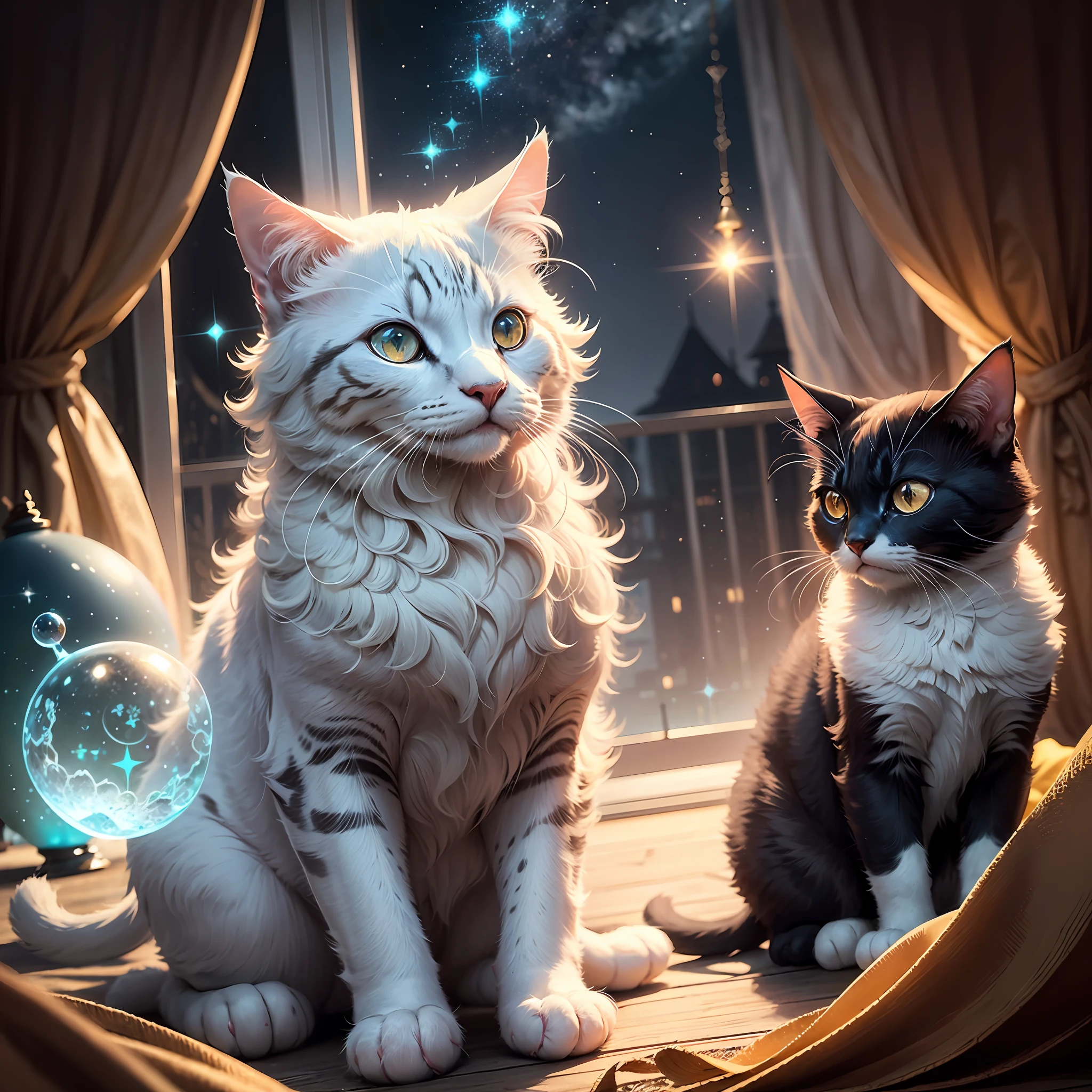 create a magical floating world where you can clearly see the mystical essense with sparkles and magic, in this world cat beings are the rulers and habitate this place --auto