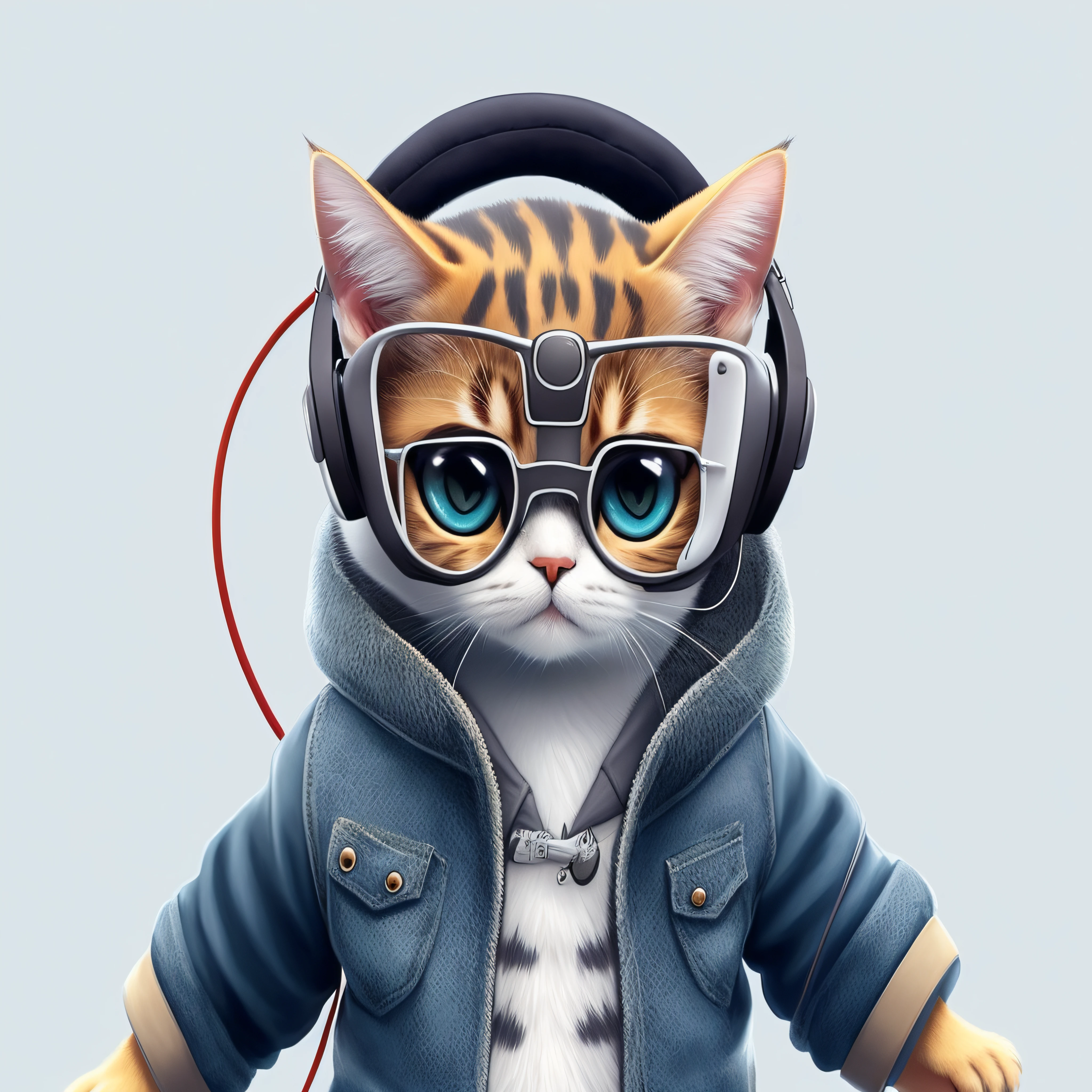 there is a cat wearing headphones and a jacket, gato cyberpunk, olhando heckin legal e elegante, design do gato, anthropomorphic female cat, arte digital detalhada bonito, usando fones de ouvido de gato, Cybercat, arte digital bonito, gato ciborgue, inspirado em Chris LaBrooy, painting digital adorable, Arte digital alucinante, ultra realistic illustration, gatinho ciborgue, artista peludo