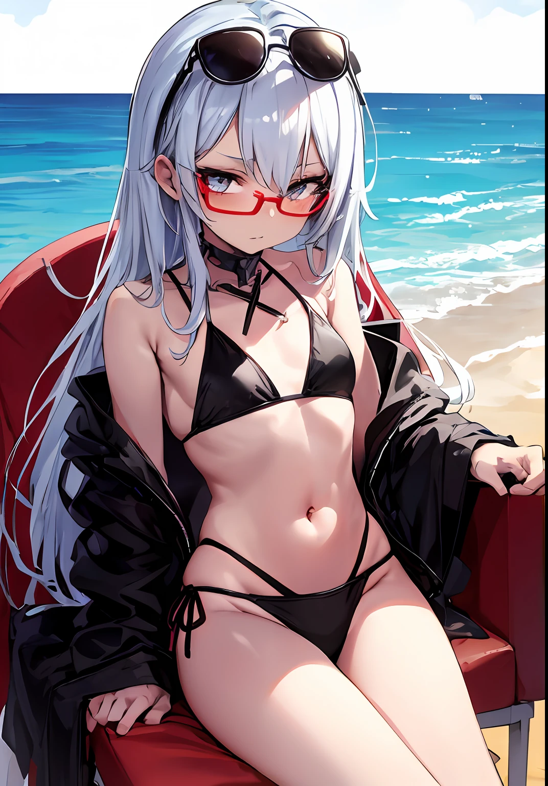 anime girl with white hair and black glasses sitting on a red chair, wearing swimsuit, Kantai collection style, azur lane style, seductive anime girls, in a bikini, in a bikini, attire: Bikini, author:Shitao, in the beach, top rated on pixiv, At the beach, 2b, 2 b, , swimsuit
