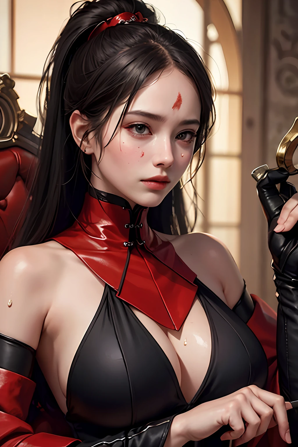 realistic, 1girl, high quality fingers, normal hands, detailed fingers, masterpiece, (realistic, photo-realistic: 1.37), realistic, 1girl, long hair:1.5, black hair:1.2, red eyes:1.5, bright eyes, mortal kombat, ninja, blood, scar, weapons, kimono, dress, mortal kombat suit, large breasts, fighting pose, serene look, temple, meditation, injuries, ninja mask, cover half of face, (sweat: 1)