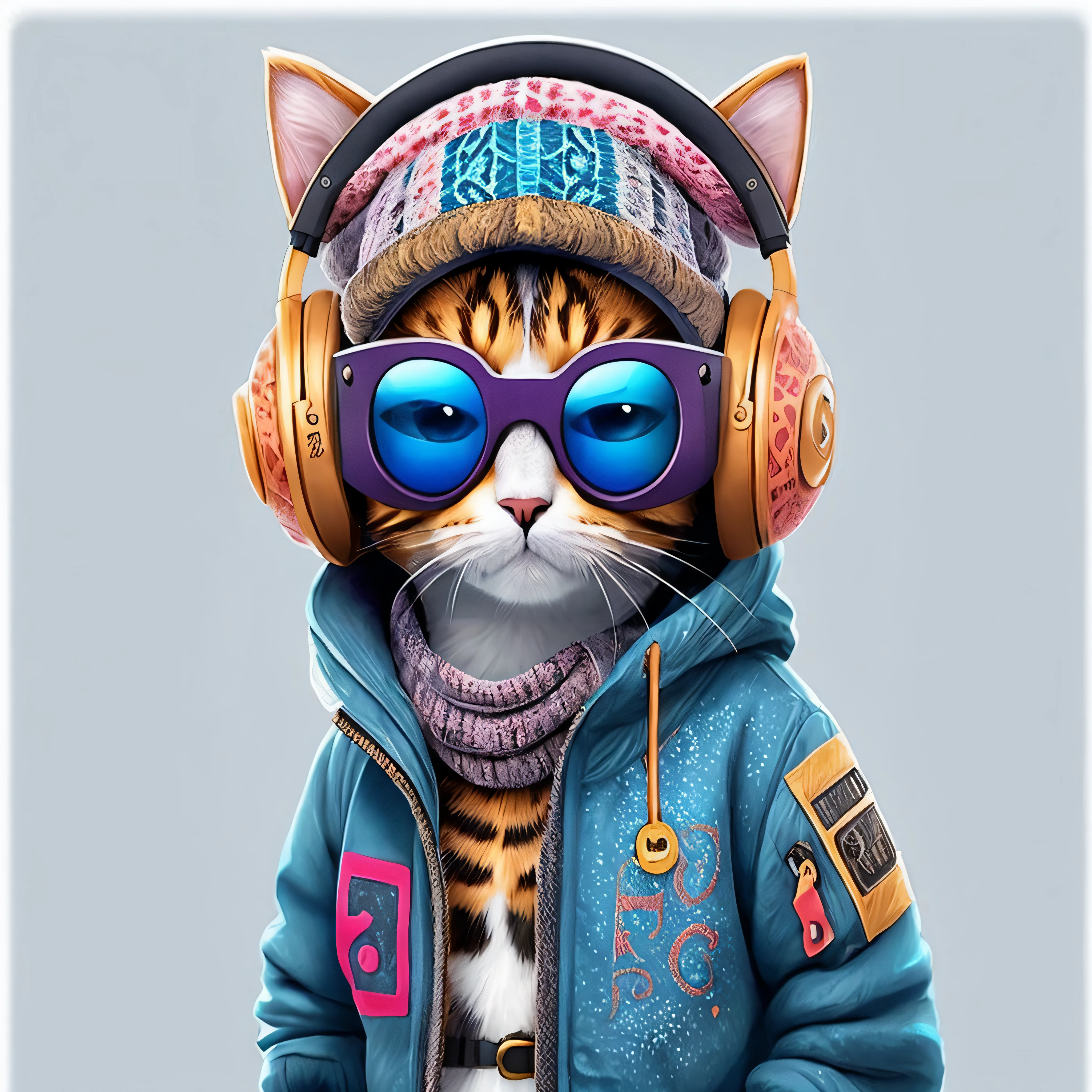 there is a cat wearing headphones and a jacket, olhando heckin legal e elegante, artista peludo, gato cyberpunk, Cybercat, anthropomorphic female cat, design do gato, Fursona usando roupas estilosas, usando fones de ouvido de gato, awesome cat, Arte peluda, retrato de alta qualidade, Vestido casualmente, peludo do gato, Beeple e Jeremias Ketner, gato ciborgue