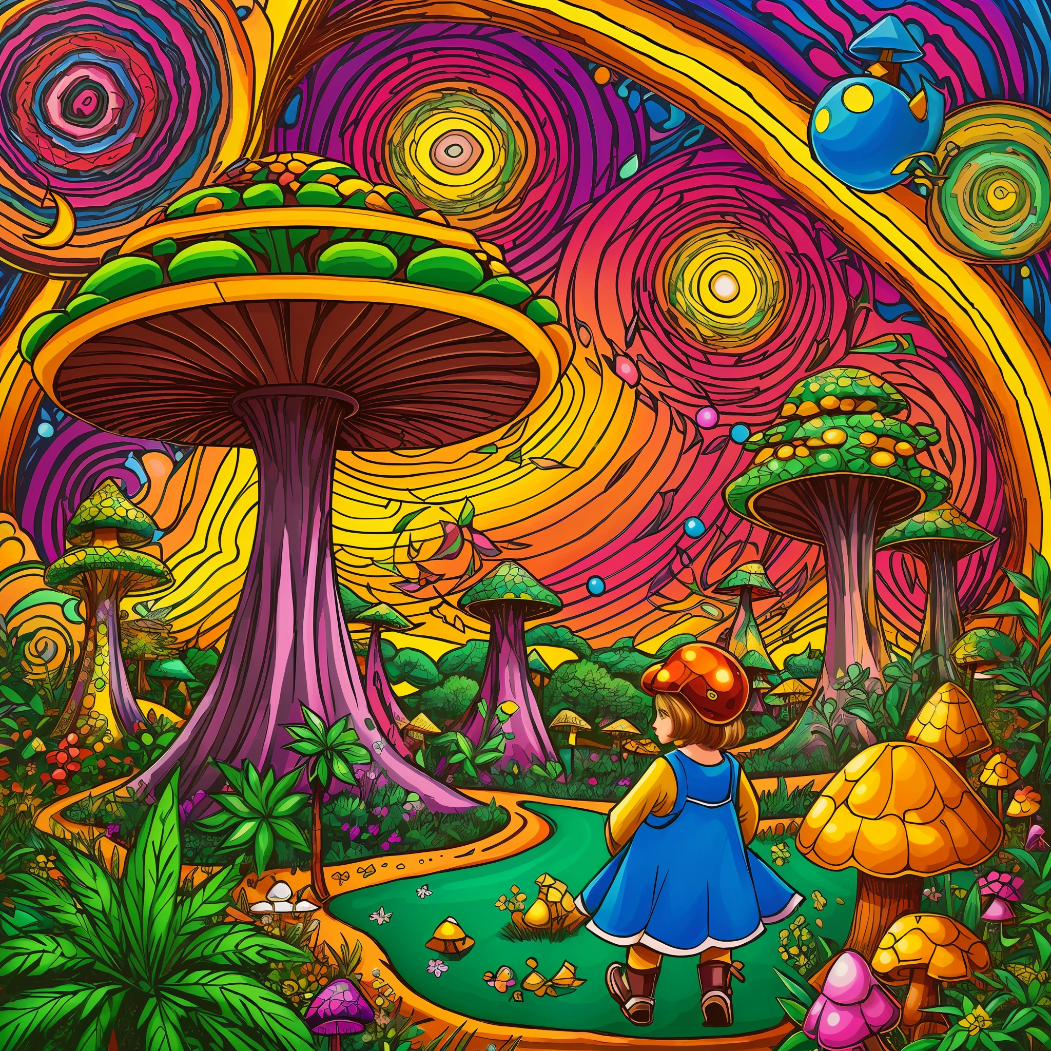 A colorful illustration of a girl in a blue dress with mushroom head standing in a garden, psychedelic mushrooms dream, psychedelic art style, Arte Trippy, whimsical and psychedelic, psychedelic illustration, psychedelic artwork, psychedelic acid trip, retro psychedelic illustration, psychedelic trip, Surreal psychedelic design, psychedelics, psychedelic atmosphere, psychedelic surreal art, psychedelic artwork, psychedelic therapy, extremely psychedelic experience