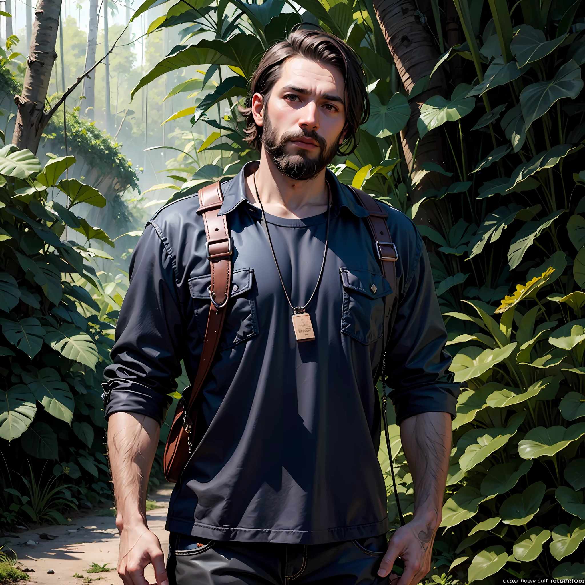 Masterpiece, award winning portrait of a bearded hipster explorer in a Jungle by Syd Mead, cold color palette, muted colors, detailed, 8k