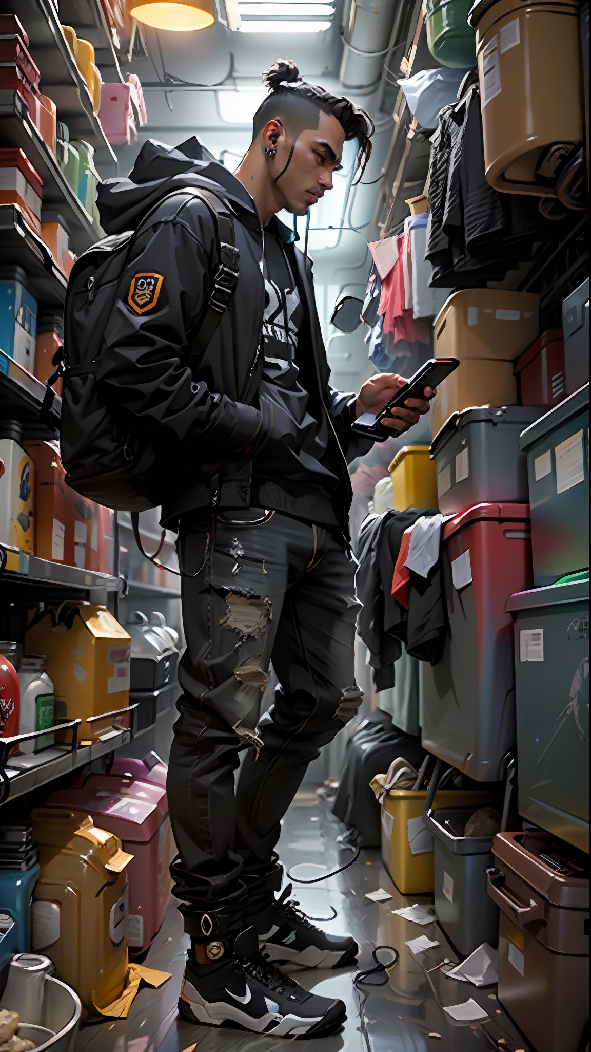 Homem de 1,75 , pele escura, negro, nervoso, magro, Always with something technological in hand, fones de ouvido, (manga)