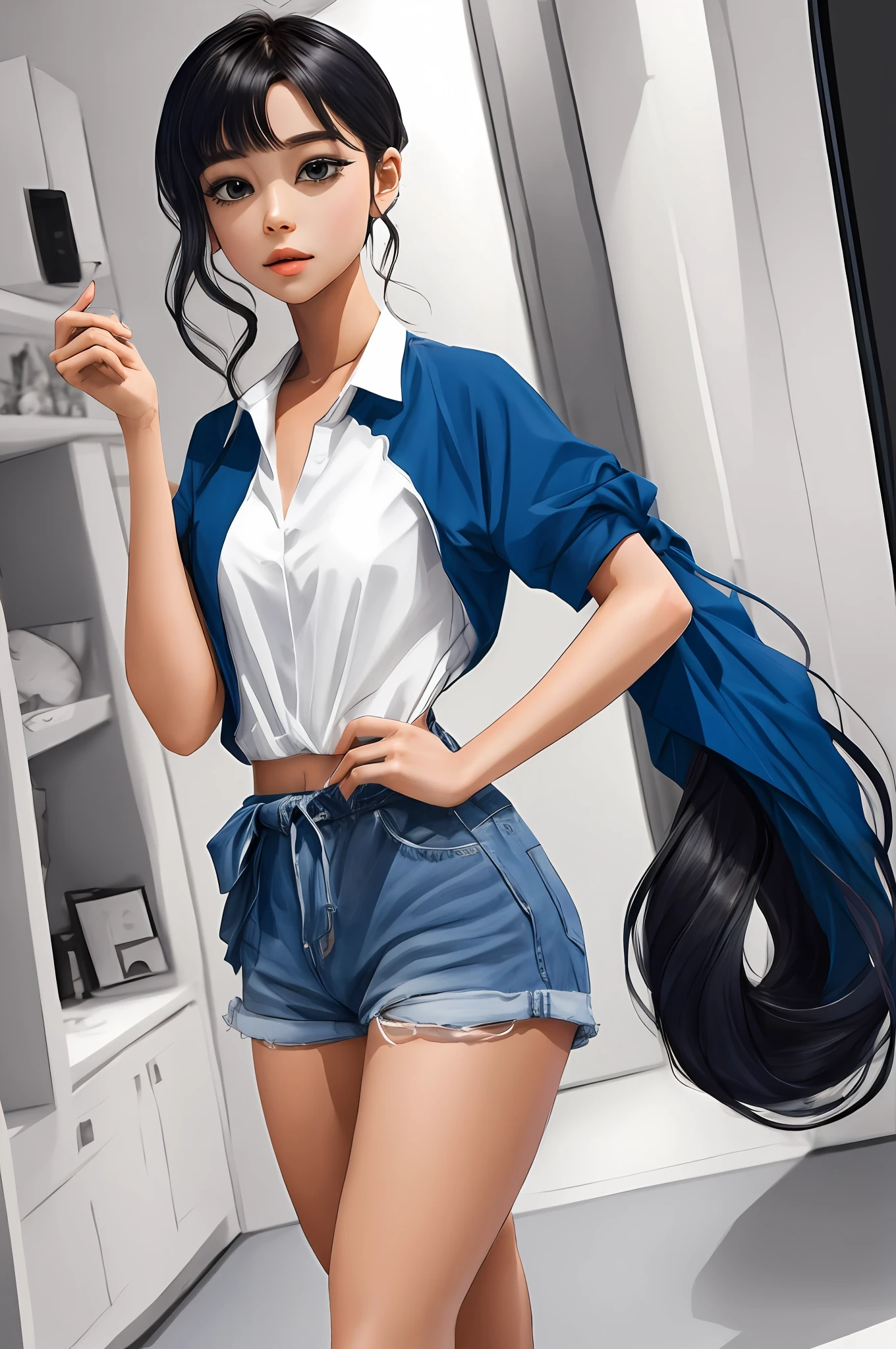 Mujer anime joven. Dynamic camera. mira al espectador. Camisa blanca habierta. shorts. Hands behind touching tail .sin ropa interior. Torso descubierto . Nake .pechos medianos. Cuerpo deportivo.