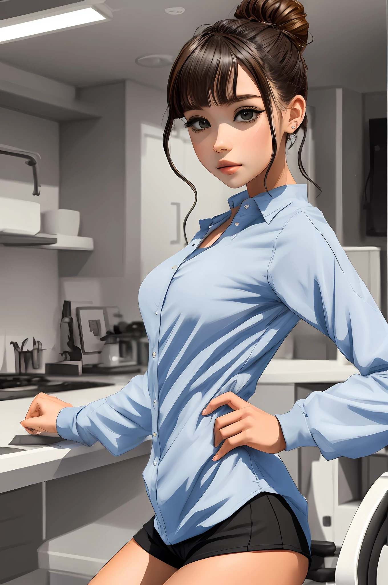 Mujer anime joven. Dynamic camera. mira al espectador. Camisa blanca habierta. shorts. Hands behind touching tail .sin ropa interior. Torso descubierto . Nake .pechos medianos. Cuerpo deportivo.