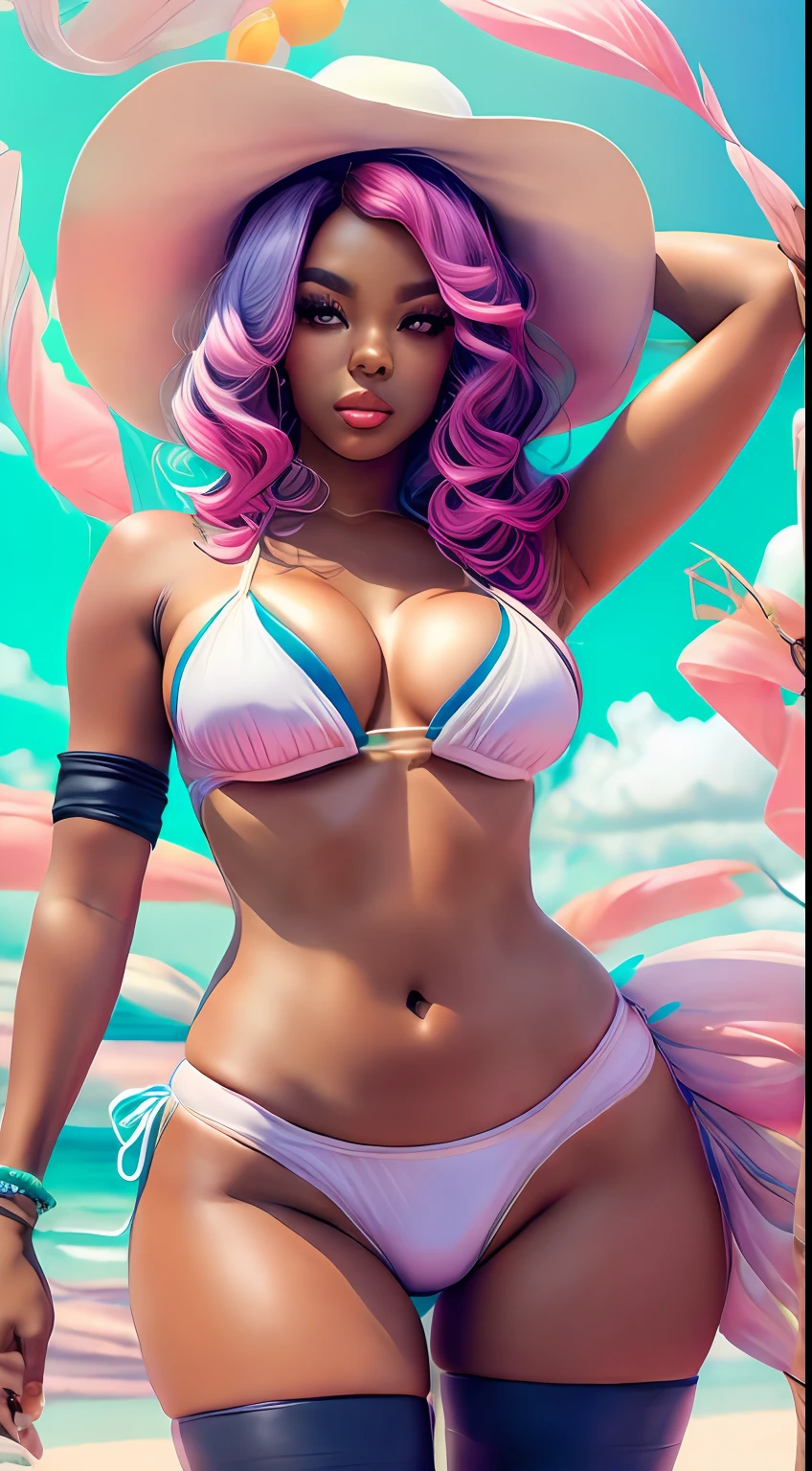 A closeup of a wavy black woman in a white bikini and a white beach hat, Cammy, Cosplay Completo, thicc,  bonito vestindo o terno do tanque, Fofosexyrobutts, Pose sexy, protagonista feminina 👀 :8, 2263539546], mais conhecido como Amouranth, pose muito sexy, corpo perfeitamente sombreado