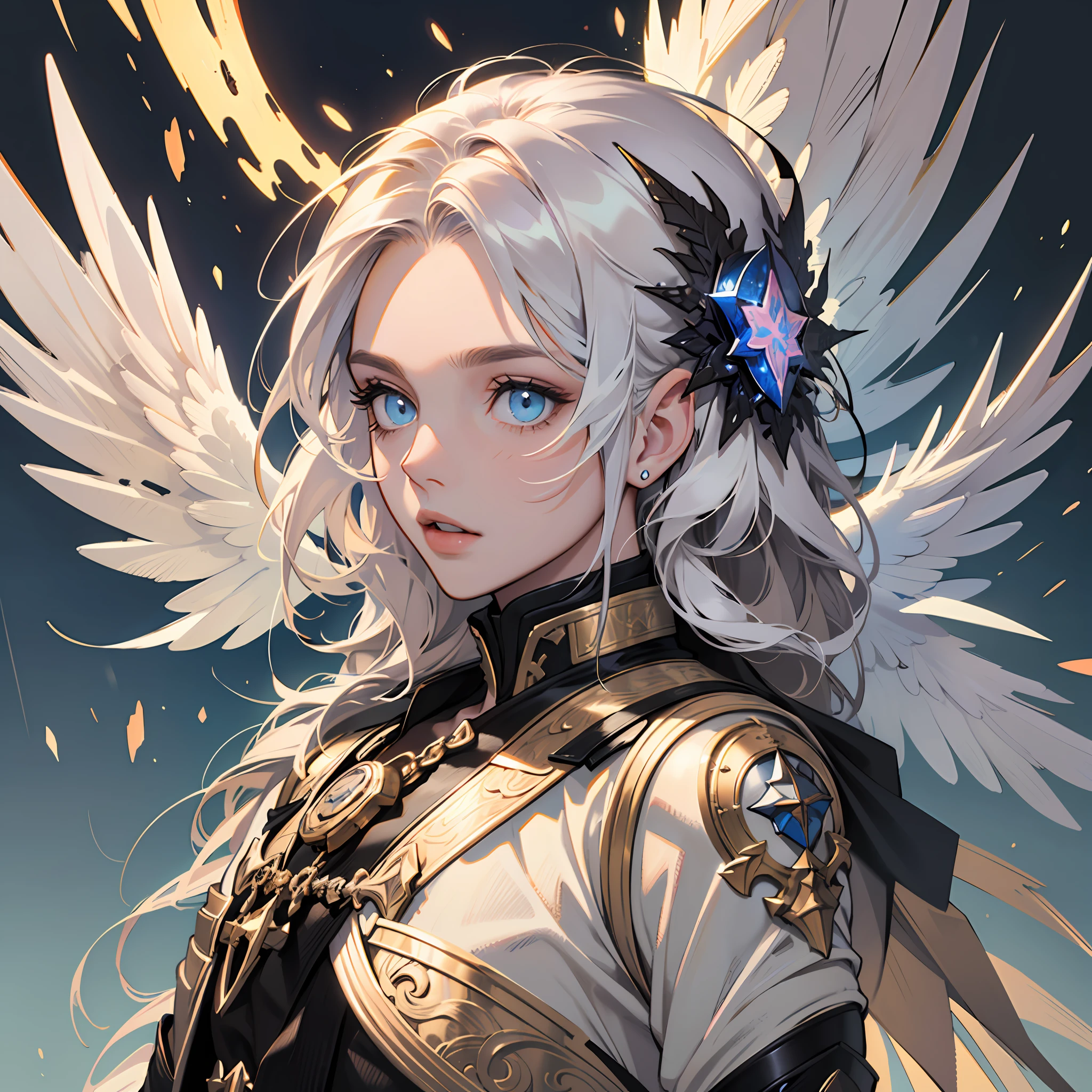 Angel, (masterpiece:1.3),(best quality:1.2),8k,absurdres,unity 8k wallpapper,(extremely detailed:1.3),highestres, armour, magic, light particles, upper body, extreme detailed, highest detailed, optical mixing, playful patterns, lively texture, unique visual effect