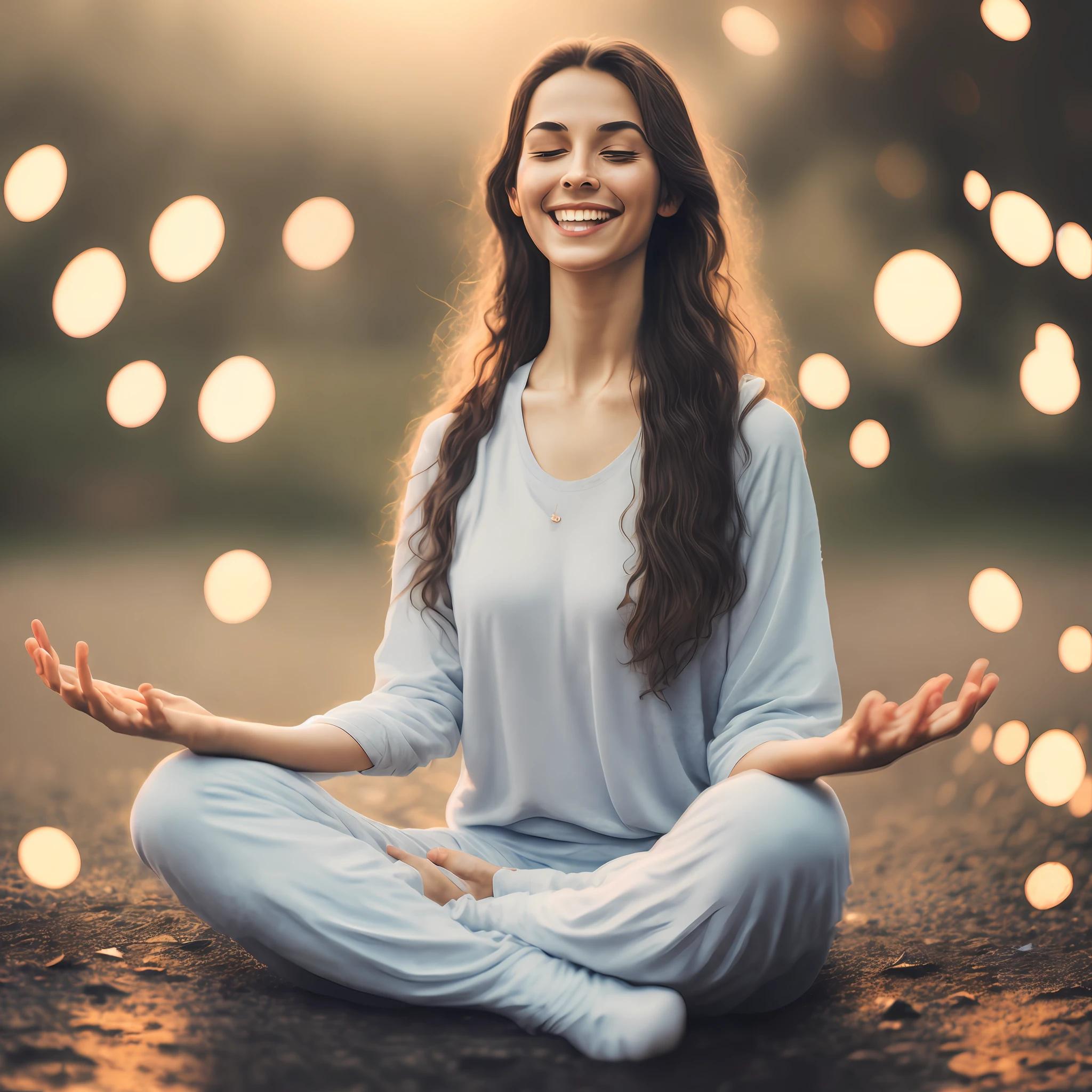 a woman in lotus pose floating above the ground, smiling slightly, blissful, bokeh
