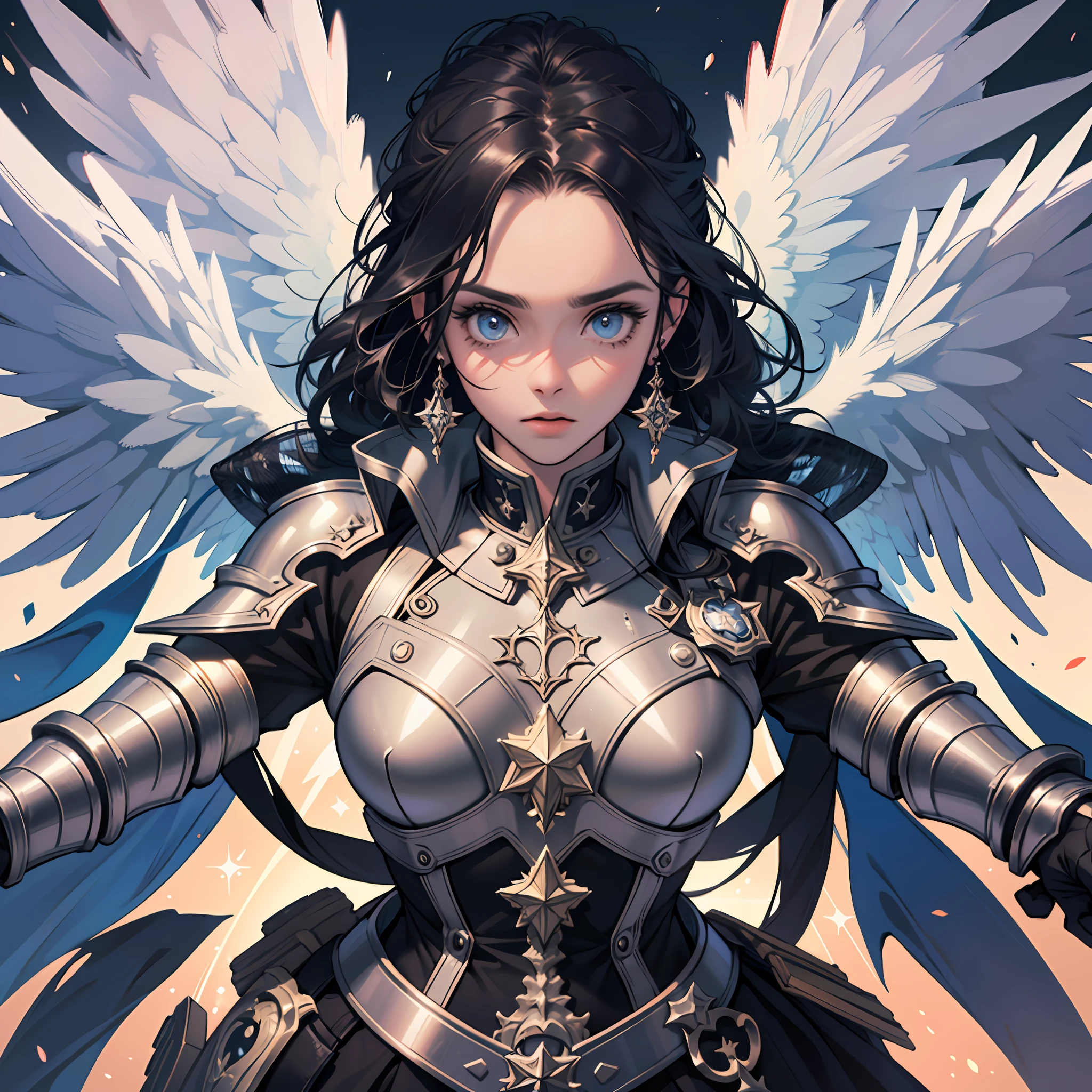 Angel, (masterpiece:1.3),(best quality:1.2),8k,absurdres,unity 8k wallpapper,(extremely detailed:1.3),highestres, armour, magic, light particles, upper body, extreme detailed, highest detailed, optical mixing, playful patterns, lively texture, unique visual effect