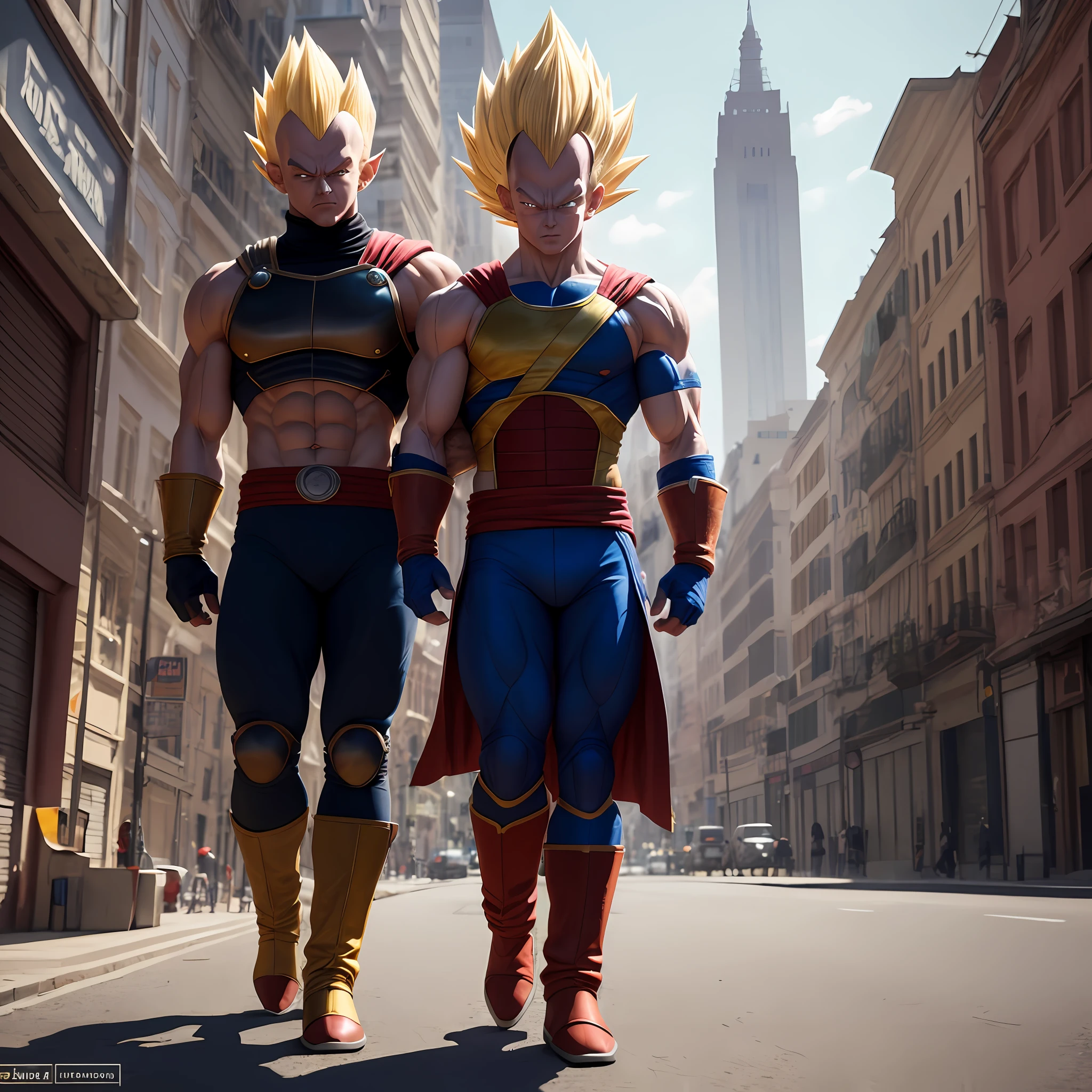 Vegeta in full-body super sayayin mode S3 walking down the street ready for combat, central position 3D image, warm 23K, gran angular. photographic style, lens 50 mm, apertura F 2.8. Sugerencias: No debe salir: Borroso, 2 cabezas, 2 caras, feo, mala anatomia, desproporcionado, mal arte, mal dibujado, cara mal dibujada, mutado, mutilado, morbid, extremidades perdidas, extremidades extras, extremidades flotantes, extremidades fusionadas, fuera de foco, low resolution, Cartoon, plastic