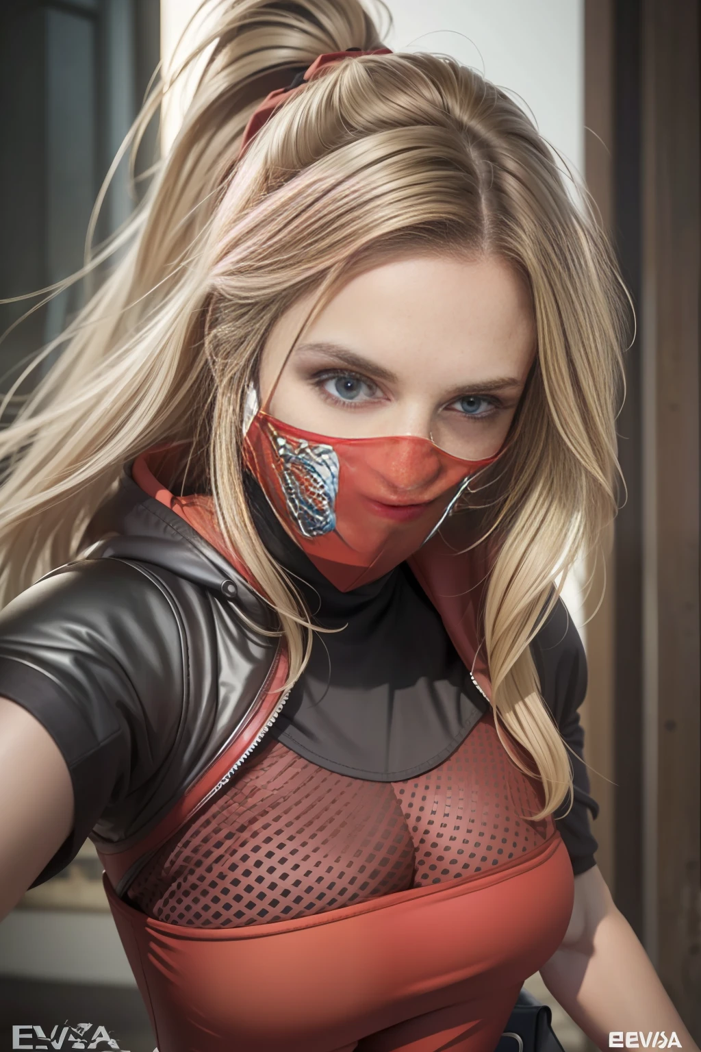 absurdres, foto RAW, mais alta qualidade, (obra-prima: 1.3), foto profissional, unidade de papel de parede CG 8k extremamente detalhada, foto-realista, realista, foto RAW, obra-prima, melhor qualidade, highres,
1girl, 18 ANOS, branca, cabelo loiro, ondulado, Average length, rabo de cavalo, capuz, corpo magro, pernas finas, rosto lindo perfeito, belos olhos realistas claros, pele clara, textura de pele detalhada, seios muito pequenos naturais. Serious, concentrada. Selfie angle katanas on belt, pochete. (Vestes de ninja urbano vermelhas. Luvas, botas, Red legging pants. Red hood and red facial mask. design realista). barriga coberta. Corredor escuro, terror, in the nighttime. Casa abandonada. Air of threat. Noite