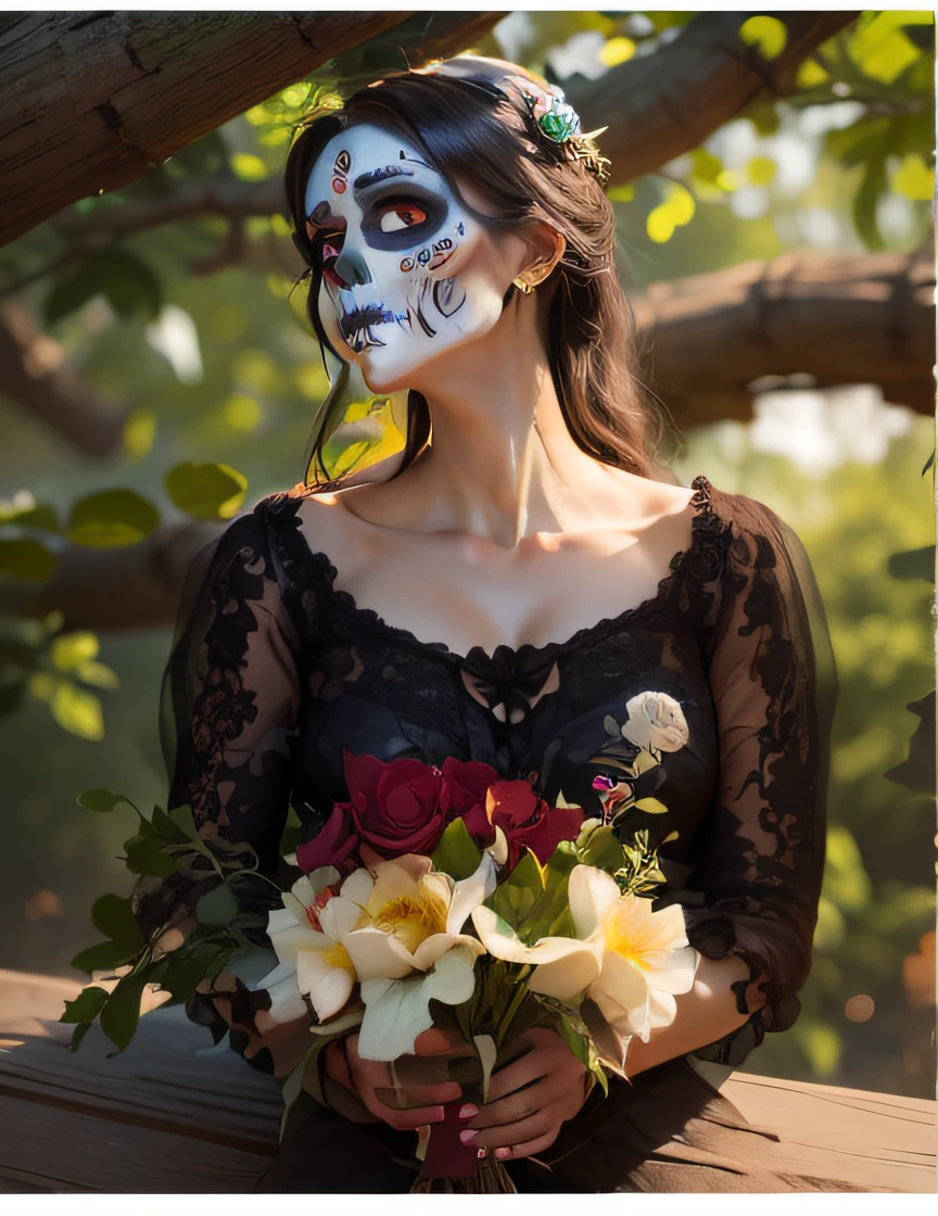 Change the makeup and dress with inspiration in the day of los muertos, com caveiras, Mexican adornments like hat and dead flowers --auto