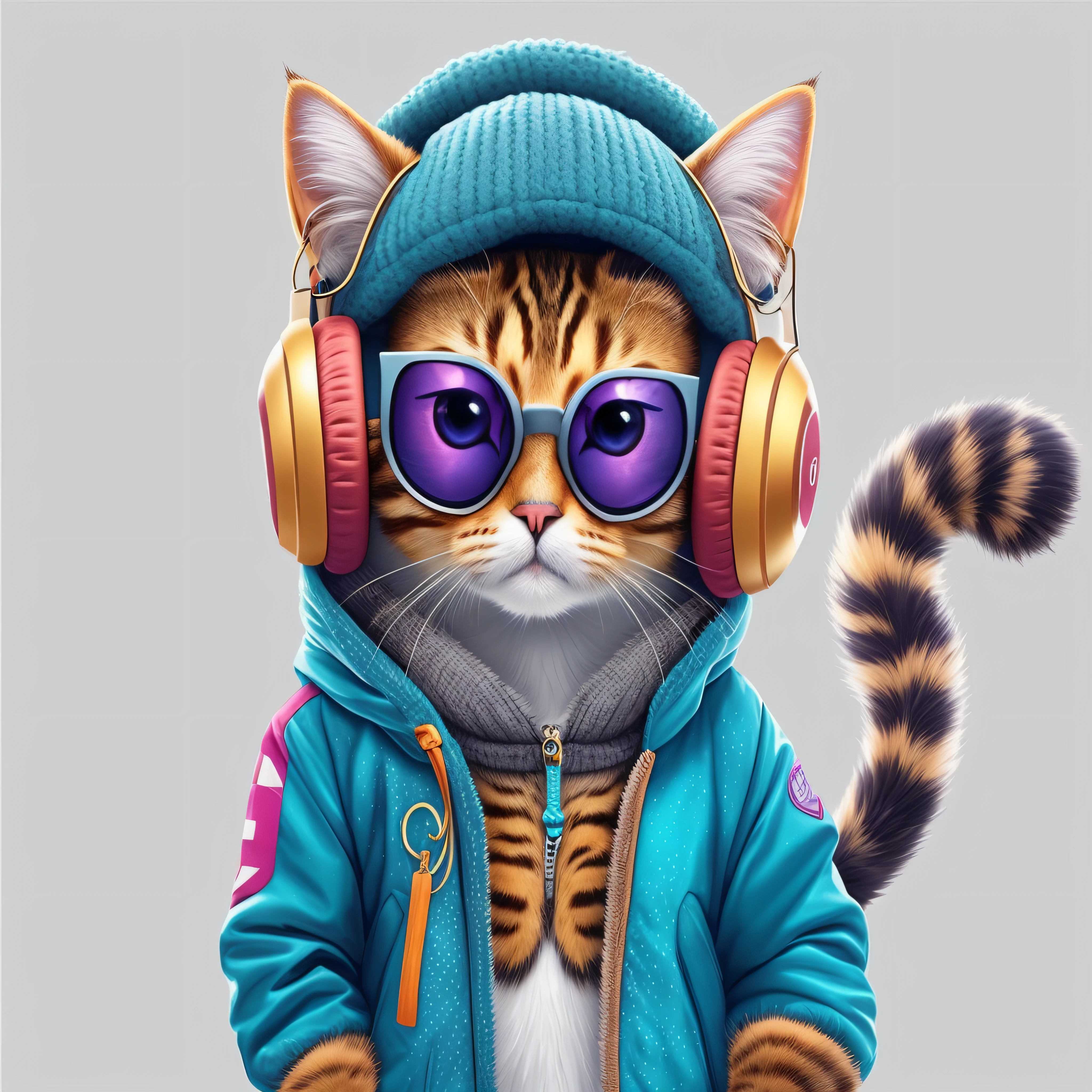 there is a cat wearing headphones and a jacket, anthropomorphic female cat, gato cyberpunk, artista peludo, design do gato, olhando heckin legal e elegante, Beeple e Jeremias Ketner, arte digital detalhada bonito, Cybercat, Fursona usando roupas estilosas, painting digital adorable, Arte digital alucinante, arte digital bonito, um gato antro, gato antro