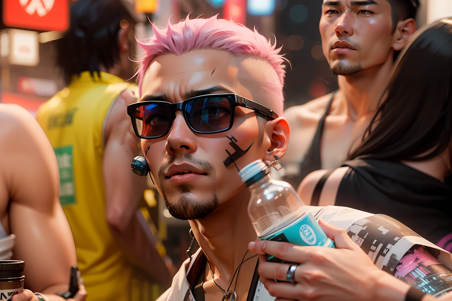 cartoon style, japanese man with half pink half black hair, cinematic pastel lighting, hyper-realistic cyberpunk style, cyberpunk city night purple background --auto