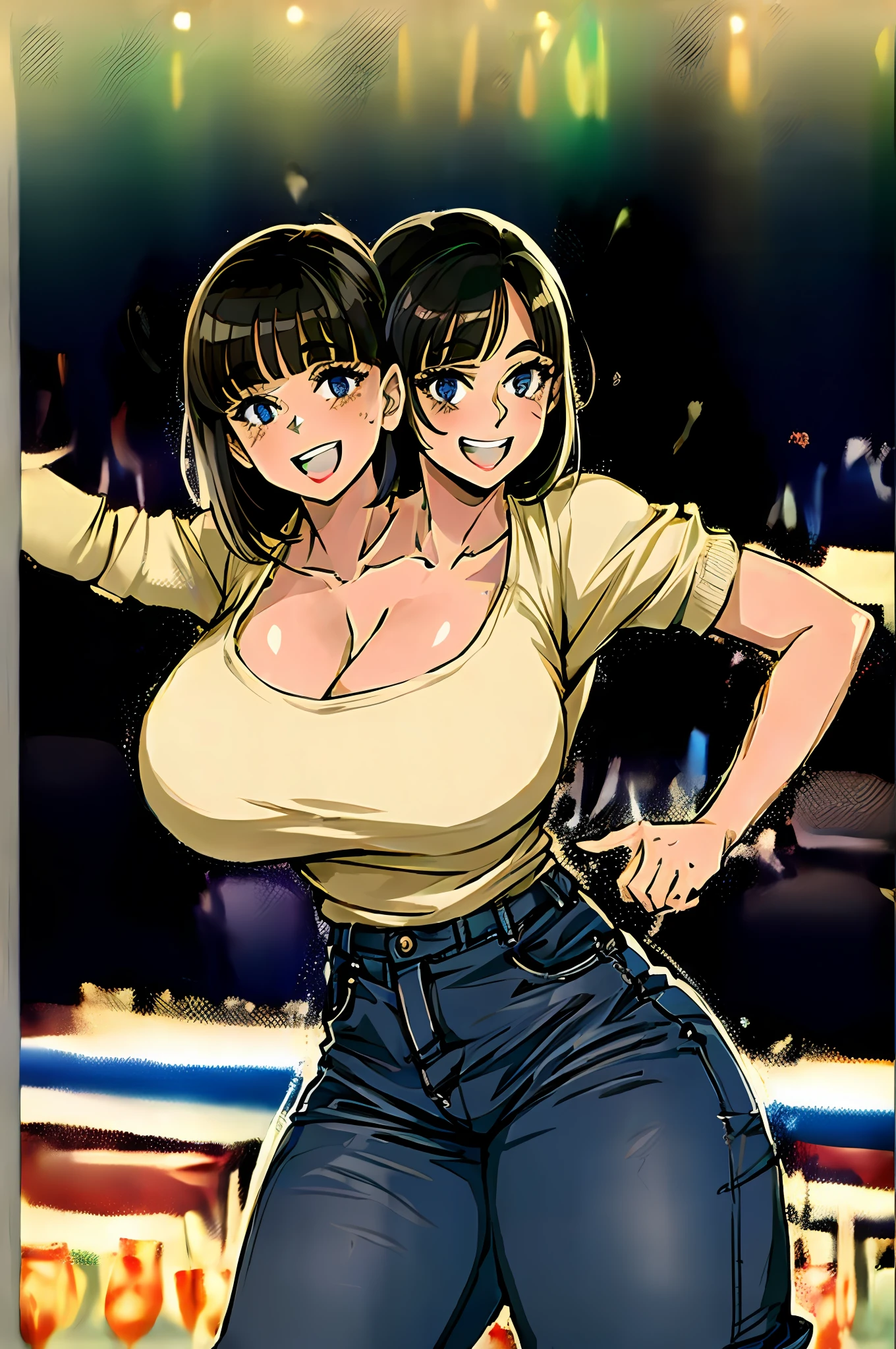 2heads, a short chubby woman. With 2 heads. She has enormous breasts. She is wearing a sweater and jeans. She is in a bar dancing. She looks drunk. She is laughing out loud. Her breasts are massive. She is dancing. Her breasts are huge.