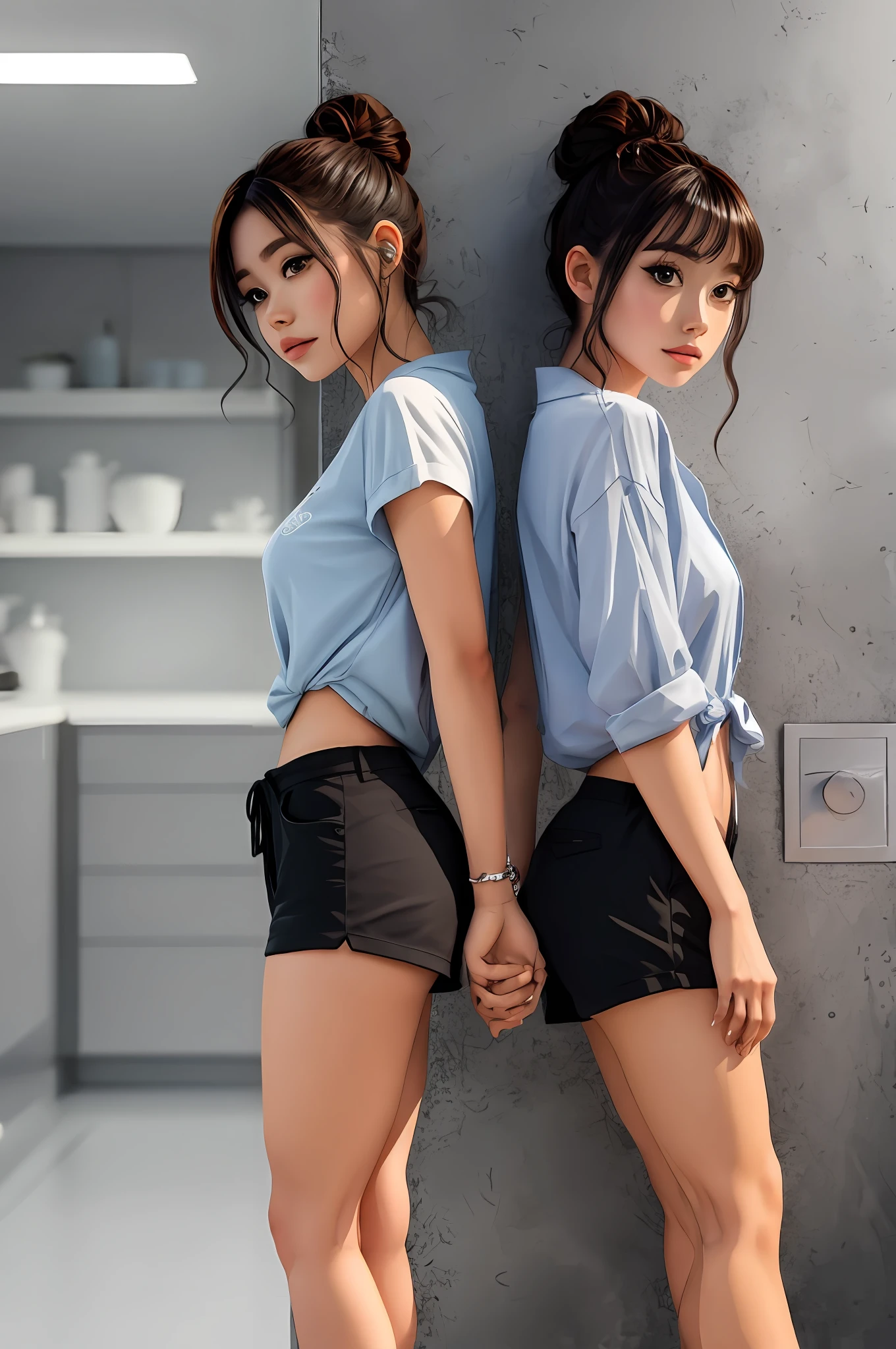 Mujer anime joven. Dynamic camera. mira al espectador. Camisa blanca habierta. shorts. Hands behind touching tail .sin ropa interior. Torso descubierto . Nake .pechos medianos. Cuerpo deportivo.