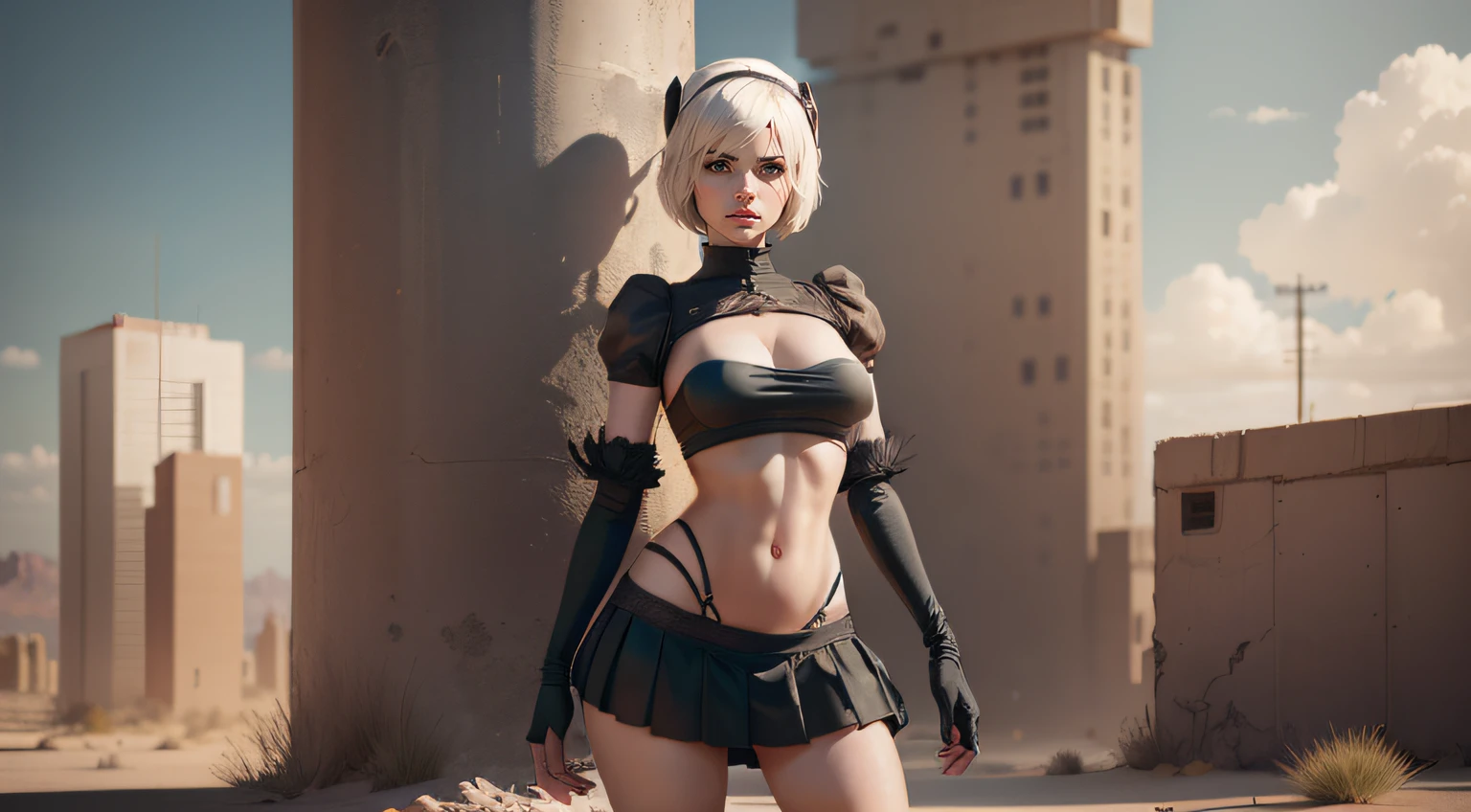 2b de Nier Automata con falda muy corta, sin sujetador, Vestido minimalista, realistic style in a desert post apocalyptic city