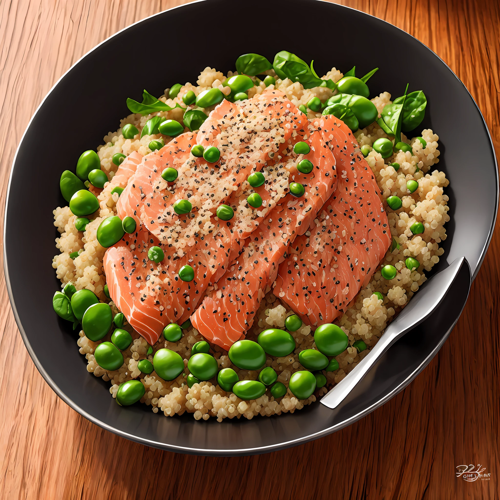 Ultra realistic style, stainless steel bowl with shredded salmon, quinoa, chopped spinach, peas, intricate details, dslr, 100 mm, pets, diffused light, Studio photography, professional advertising, 8k --auto