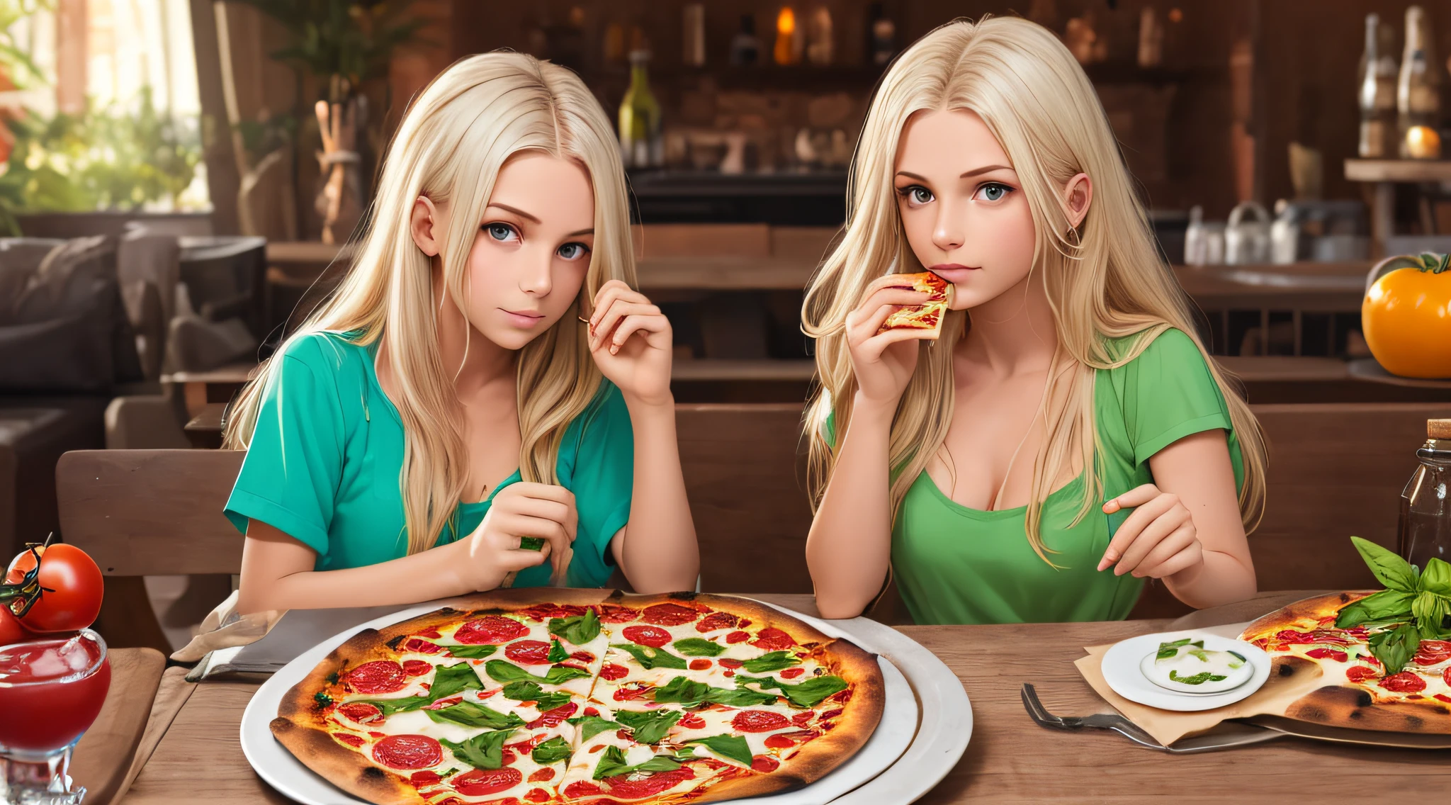 Um meio corpo, Portrait of 3 girls German  long platinum blonde hair 12 yearsIT,, Pizza with tomatoes and basil on a plate on a table, pizza a cabana, pizza italiana, pizza torta, pizza!, pizza em uma mesa, comercial de alimentos 4 k, pizza, pizza em primeiro plano, comer uma pizza margherita, cozinhar pizza, comer uma pizza, a pizza tem uma grande.