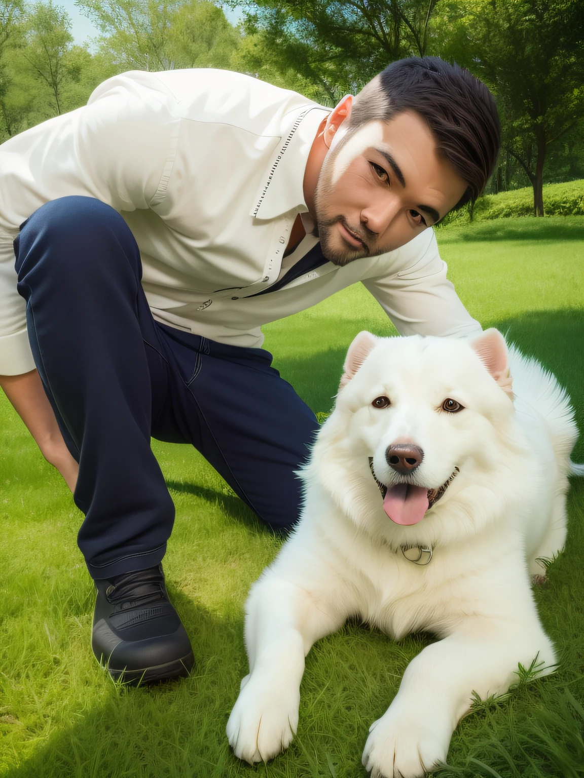 a men with her dog in nature, beautiful colors, , 4k resolution, very bright image, very beautiful