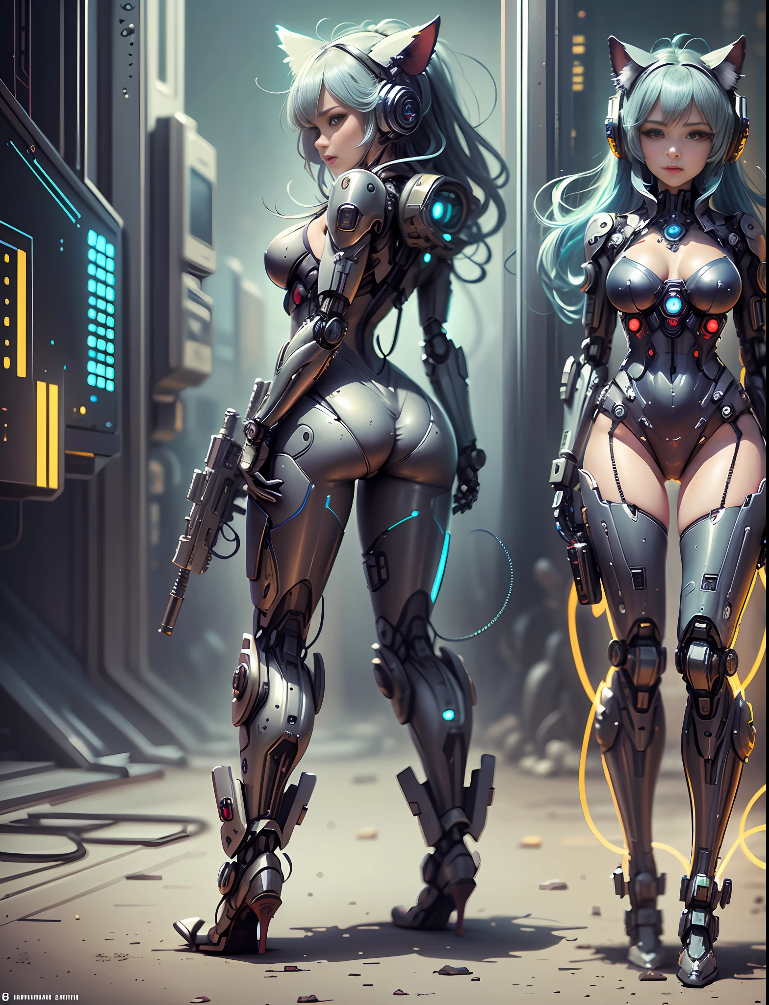 (((Character sheet))), full body photo of Reika Shimohira as a Nekomata catgirl in a cat suit with a gun, (((front and back view))), diagrams, digital cyberpunk - anime art, digital cyberpunk anime art, cyberpunk anime girl mech, fully robotic!! catgirl, digital cyberpunk anime!!, deviantart eka's portal, mechanized art concept, mechanized valkyrie girl, beautiful robot character design, official fanart behance hd, cyberpunk art style