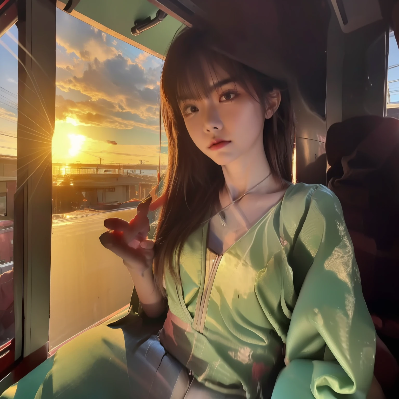 There is half body of intelligent Japan teenage woman illuminated by the light of the setting sun、With a neat hairstyle、Only half of her face is visible、small tits、High-quality photos、It has a sophisticated atmosphere.、View from the window of a moving train、no-makeup、Young Japan female traveler in、I have a white Apple pencil in my hand、There is a reflected light of the sunset、of the best quality, Realstic, photorealestic, of the best quality, A masterpice, an extremely delicate and beautiful, extremly detailed, Super Detail, high resolucion, extremly detailed, Realstic, super highly detailed, of the best quality, super highly detailed, High-quality textures