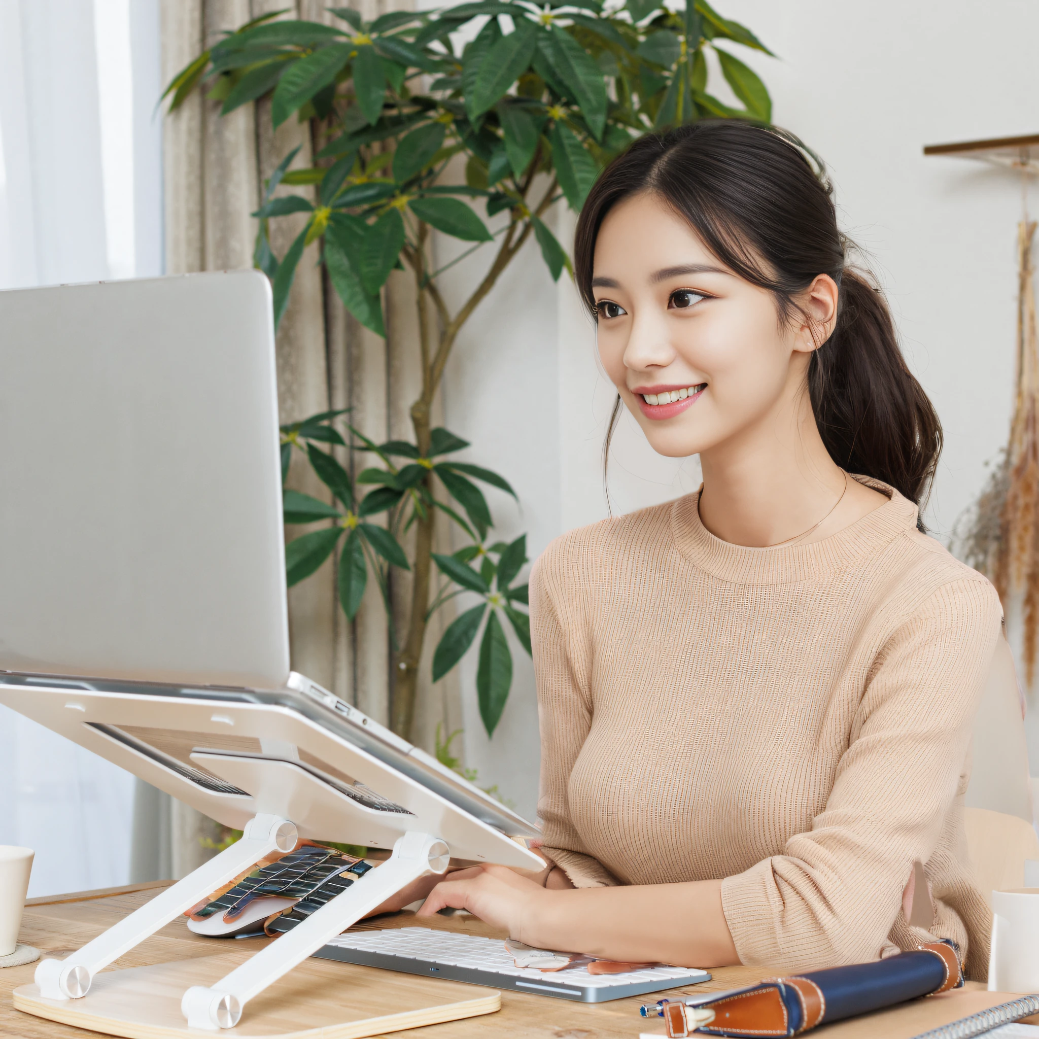 there is a woman sitting on a desk with a laptop, In front of a computer, ergonomic, Korean Woman, sitting in front of computer, Bottom Angle, Good posture, charming poses, korean artist, elegant study, doing an elegant pose, perfect dynamic posture, side pose, sitting in front of a computer, Top Angle, Standing posture, an artistic pose,smile on face