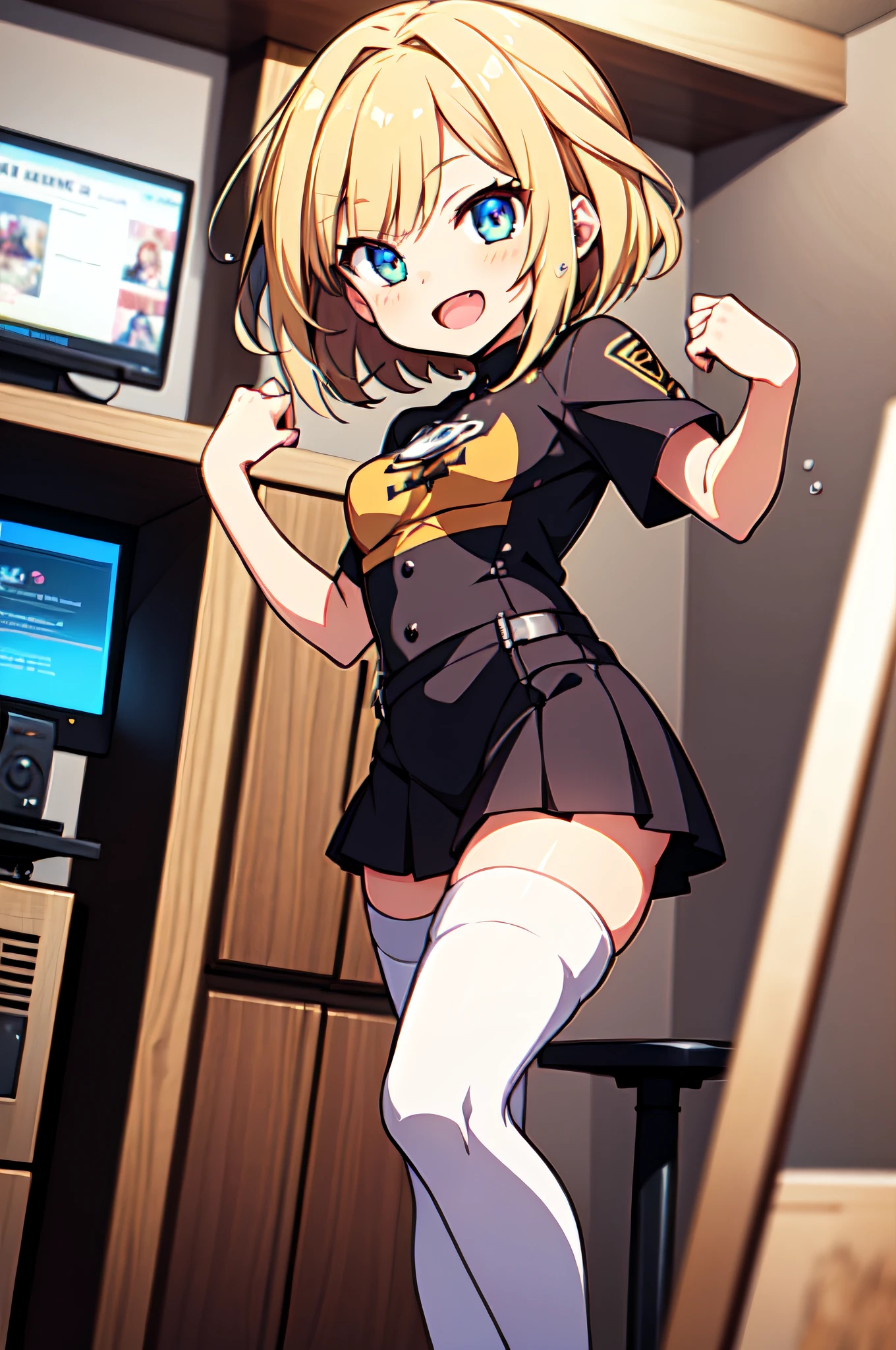 master piace, best quality,ultra detaild,8K_wall paper,(beautifuleyes),((a Pretty)),(Wonderful),(erotick),anime moe art style,1girls,Solo,,Mini skirt,1girls,,a blond,shirts,short-hair,,Dutch Angle,cowgirl position,Small breasts,,(((zettai ryouiki))),Wet T-Shirt:1.5,Short sleeves,Open mouth,double tooth,Video games in the room,Smile