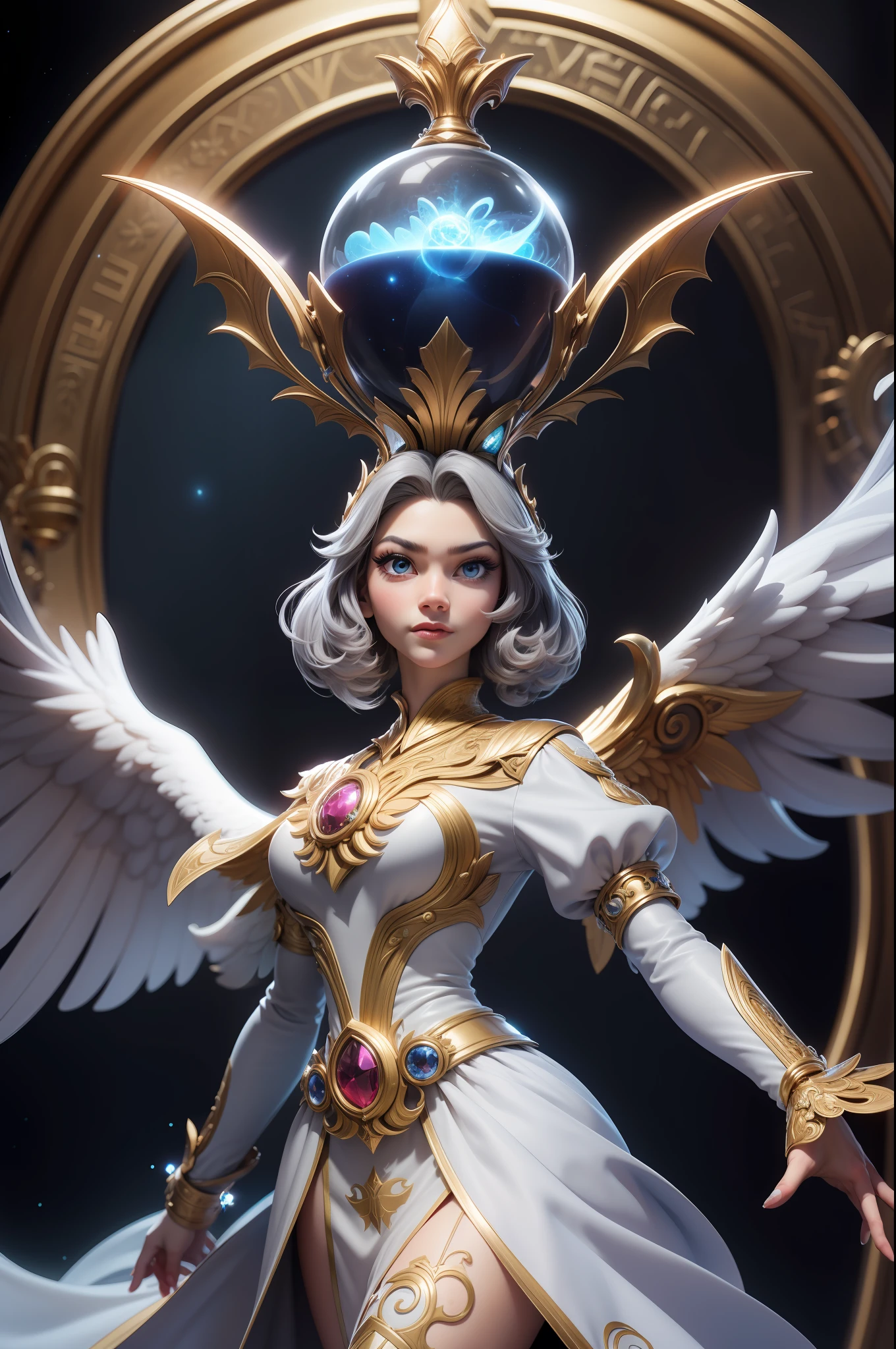 Comic art, RAW-format, (Zendaya) ,  grey-blue eyes, gray shaggy hair,
portrait, looking at viewer, solo, (waist-high shot) , detailed background, shining (vamptech  theme:1.1), divine archangel of time, (style-swirlmagic:0.9),  limitless time,   clockwork,  time and space, hourglass in background, symmetrical composition, majestic divine atmosphere, bright light, holy aura, bloom,  divine light, white clothes, golden embroidery,filigree,