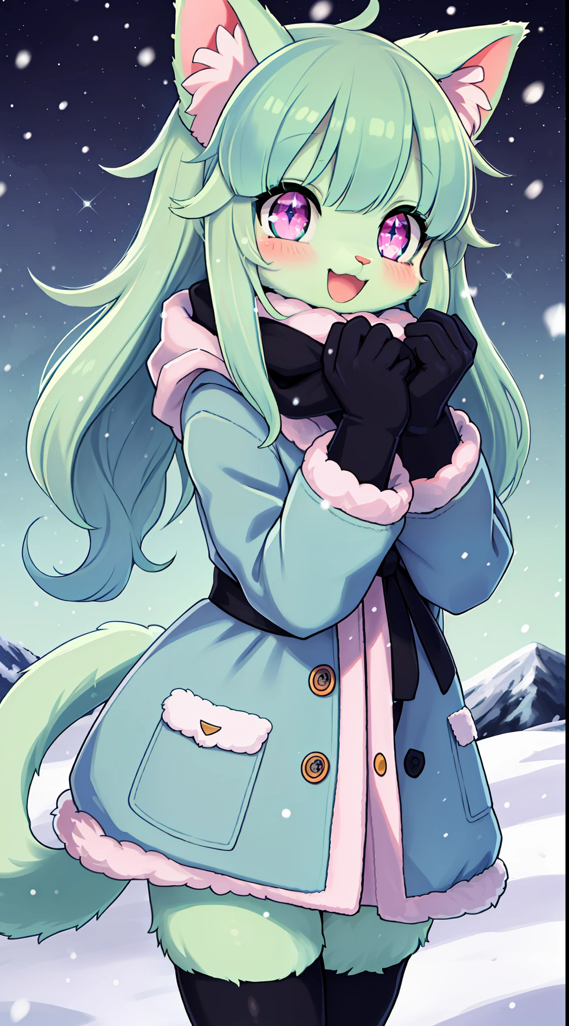 female, fluffy, hires, detailed, anime, kemono, detailed background, beautiful detail, sparkles, pixiv, cute kawaii, cat girl, (dagasi), black ribbons all over hair. light green fur, sky blue fluffy warm coat, snowing, :D, Light green hair, Light green skin, pink eyes, fluffy hair, long hair, blue fluffy scarf