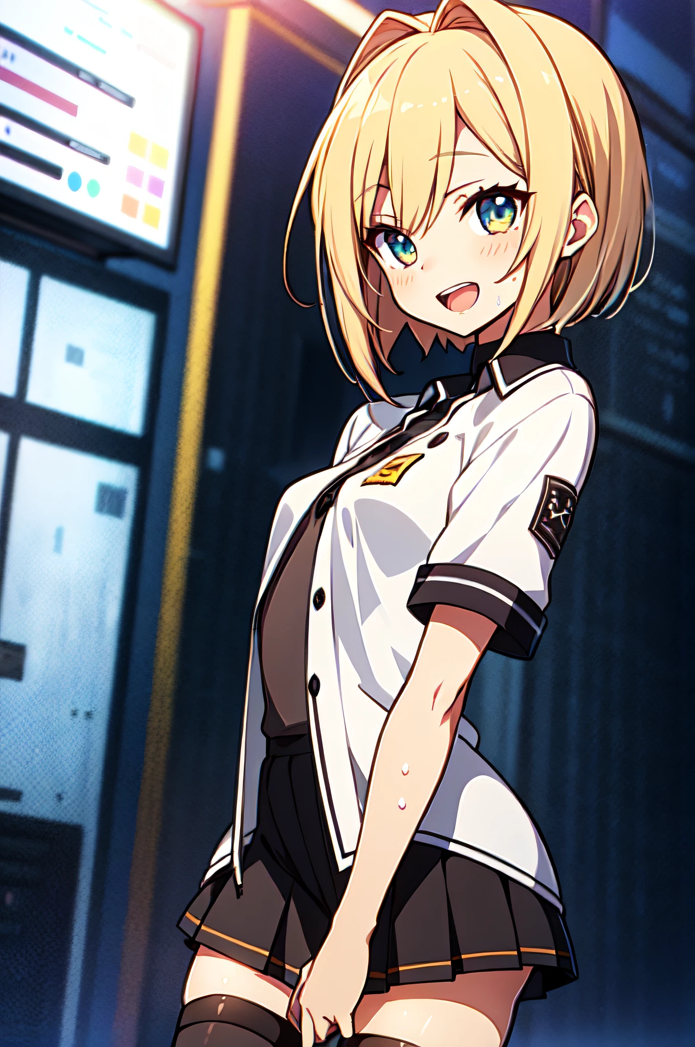 master piace, best quality,ultra detaild,8K_wall paper,(beautifuleyes),((a Pretty)),(Wonderful),(erotick),anime moe art style,1girls,Solo,,Mini skirt,1girls,,a blond,shirts,short-hair,,Dutch Angle,cowgirl position,Small breasts,,(((zettai ryouiki))),Wet T-Shirt:1.5,Short sleeves,Open mouth,double tooth,Video games in the room,Smile