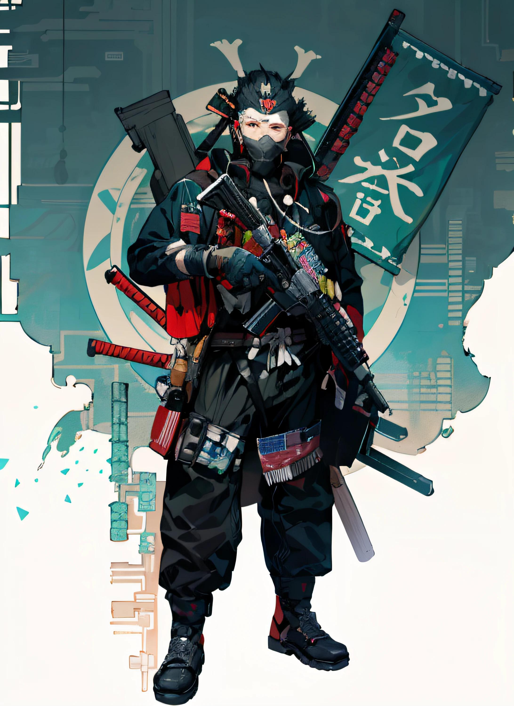 Un hombre con un traje de cuerpo entero sosteniendo una pistola y una bandera, inspired by Kanō Hōgai, Samurai cyberpunk, inspired by Sōtarō Yasui, inspired by Ryūsei Kishida, very beautiful cyberpunk samurai, Urban samurai, inspired by Tōichi Katō, inspirado por Shunbaisai Hokuei