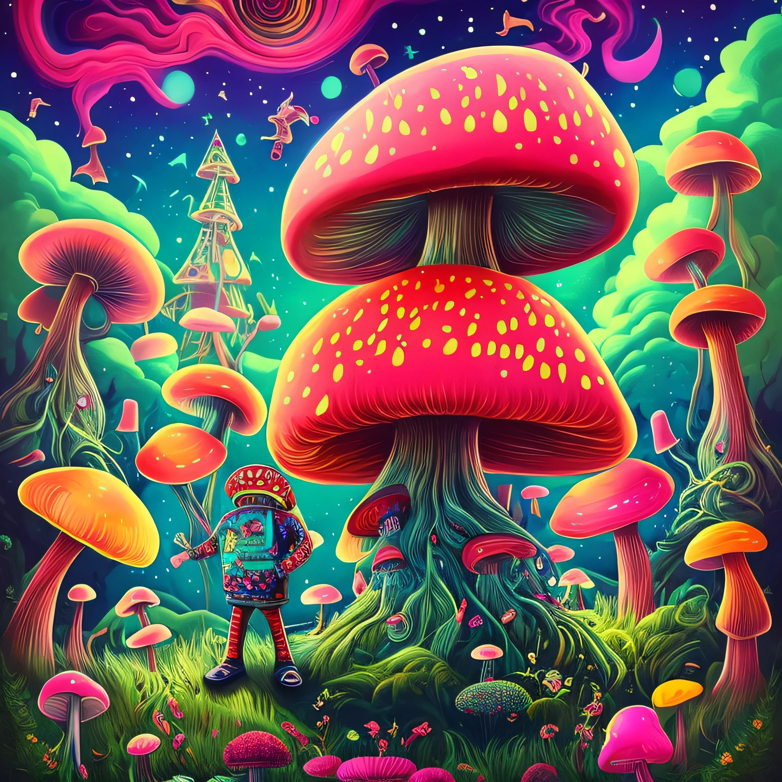 A colorful illustration of a mushroom wearing a jumpsuit standing in a garden with a guitar on its back, psychedelic mushrooms dream, psychedelic art style, Arte Trippy, whimsical and psychedelic, psychedelic illustration, psychedelic artwork, psychedelic acid trip, retro psychedelic illustration, psychedelic trip, Surreal psychedelic design, psychedelics, psychedelic atmosphere, psychedelic surreal art, psychedelic artwork, psychedelic therapy, extremely psychedelic experience, folhas de cannabis, Cogumelos