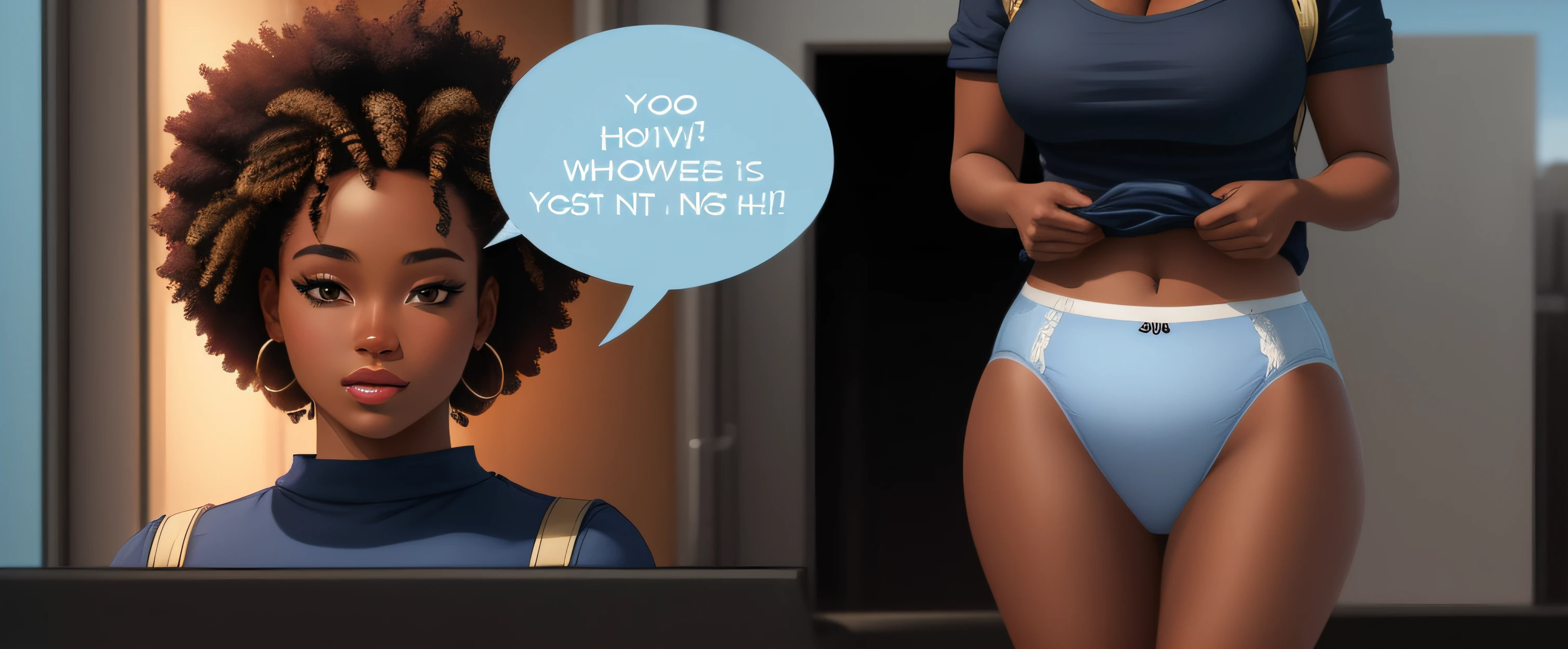 two shot panel, Curvy Black woman with Afro, lifting up blue shirt to show her white high cut panties, speech bubble saying "Hey, look over here, for a second...", realistic art style, intricate details