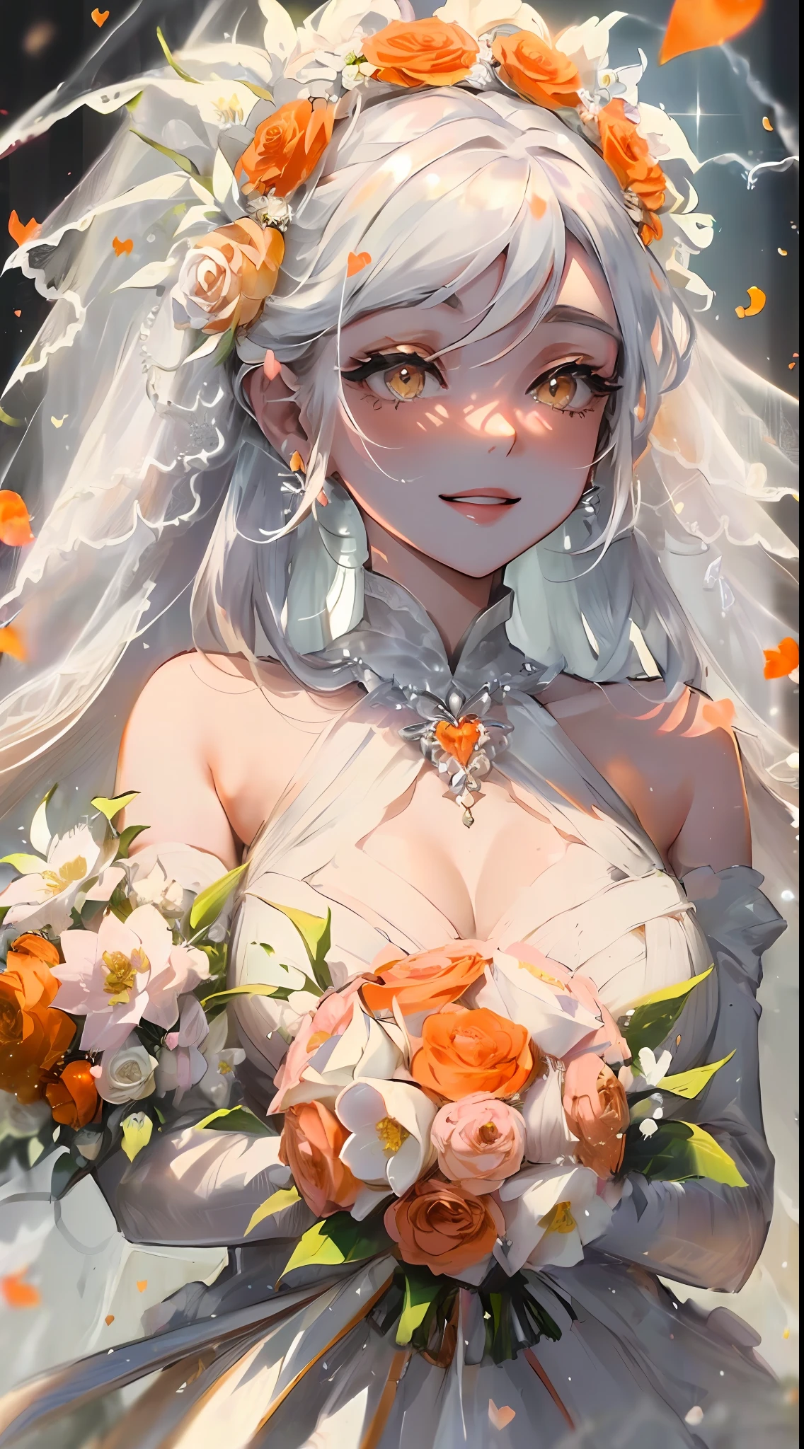 ((wedding)), ((Bride)), ((White Hair)), Orange Pink Eyes, Two-Tone eyes, ((Bridal Outfit), ((Flowers)), ((Petals)), ((Curvy)), ((Elegant)), ((Orange)), ((Crystals)), ((Love, Smile, Hearts)), ((White Brides Dress)), ((Long Hair))