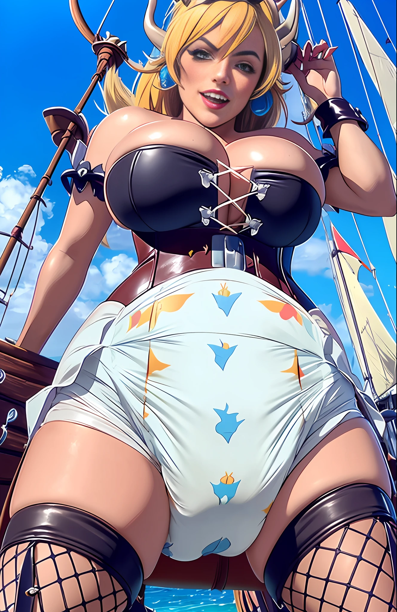 Sexy girl wearing (big diaper), ((Miss Fortune)), ((Bowsette)), busty, (big breasts), wide hips, (leather), stockings, fishnets, (leather corset), (hypnotic), (magical), (blushing), (confident), pleasure, (orgasmic), colorful, ((mommydom)), ((pirate)), (pirate ship), ocean, sails, sunlight, tropical, erotic
