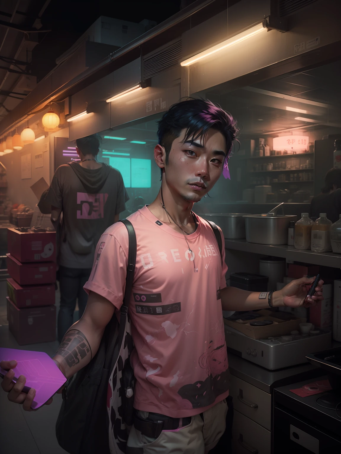estilo dos desenhos animados, japanese man with half pink half black hair, cinematic pastel lighting, estilo cyberpunk hiper-realista, fundo roxo da noite da cidade cyberpunk --auto