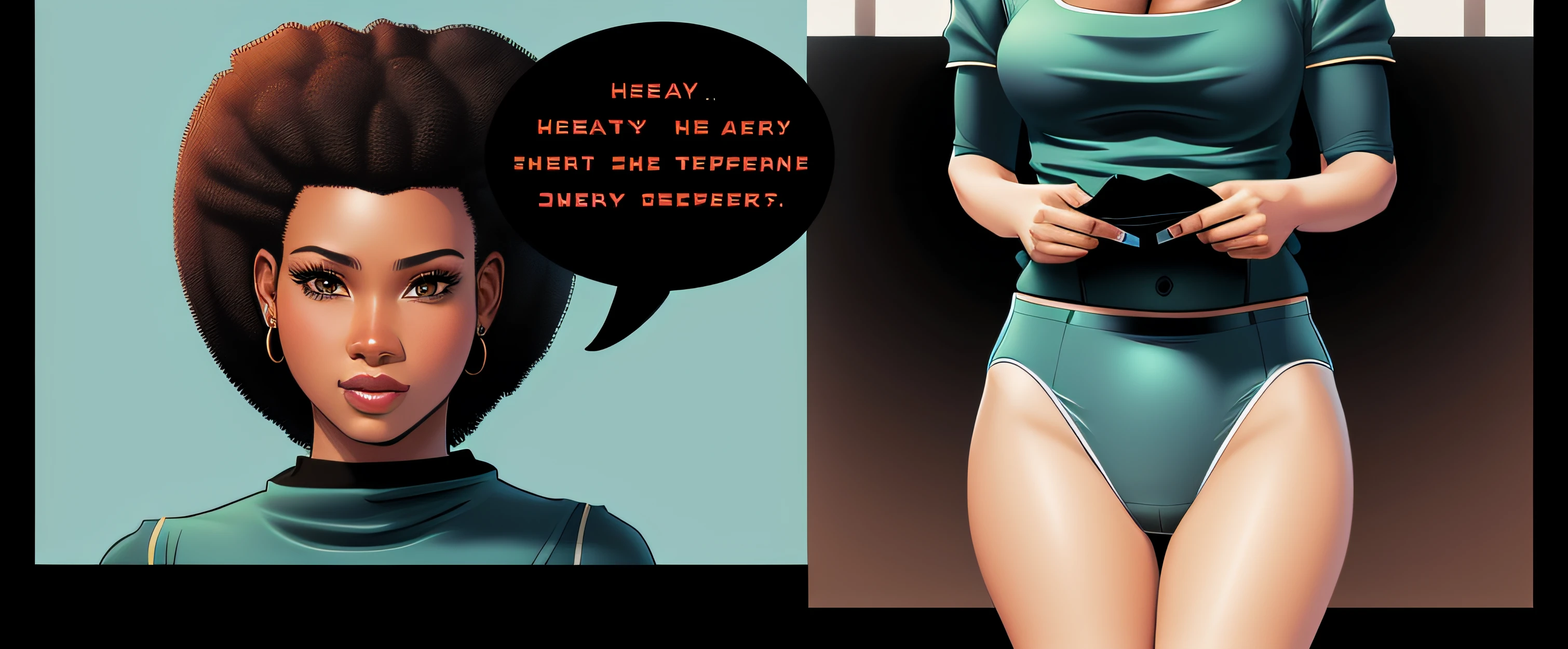 two shot panel, Curvy Black woman with Afro, lifting up blue shirt to show her white high cut panties, speech bubble saying "Hey, look over here, for a second...", realistic art style, intricate details