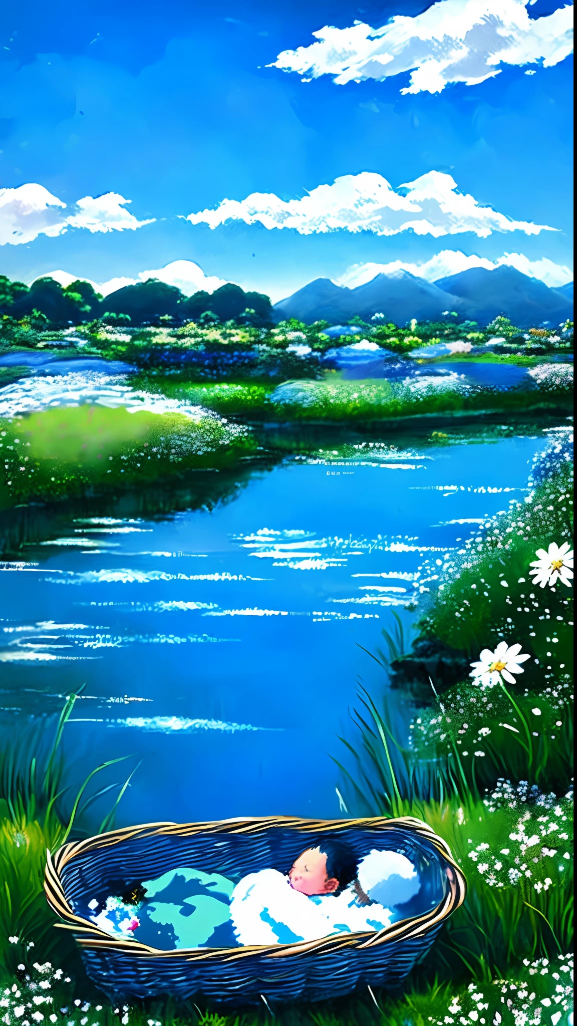 Realista, Authentic, beautiful and amazing landscape oil painting Studio Ghibli Hayao Miyazaki petals pasture with blue sky and white clouds a newborn baby lying in a basket in the middle of the flowers --v6