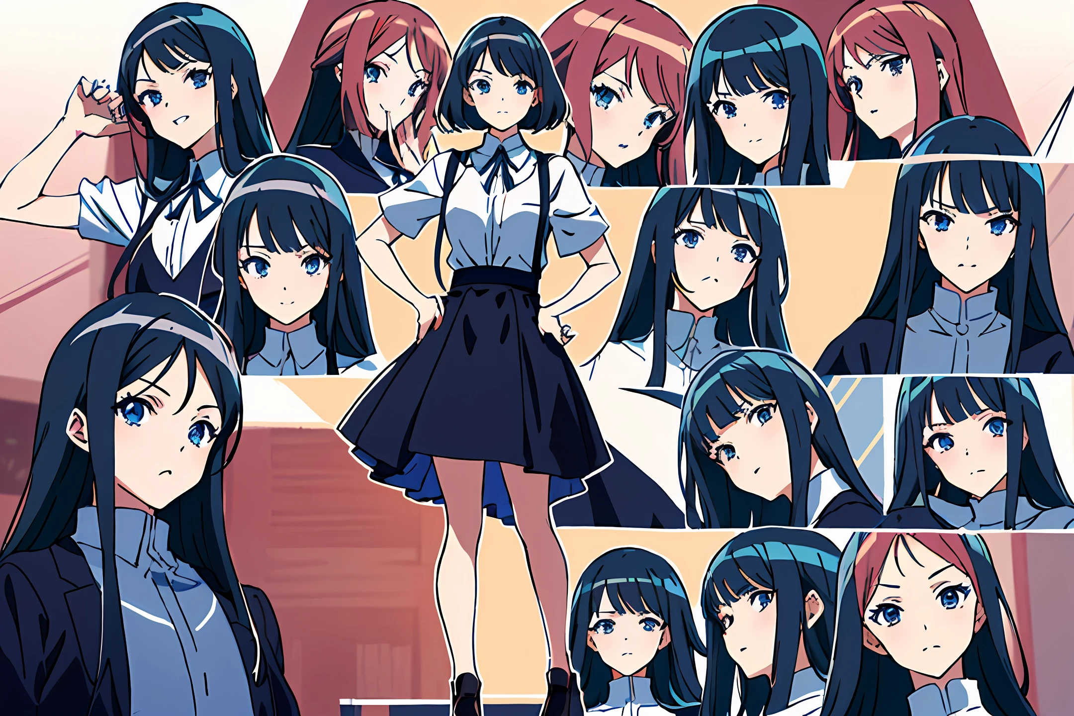 a close up of a person with different poses and expressions, shoujo manga character design, anime character reference sheet, visual anime de uma  bonito, design de personagens de anime, Estilo de conjunto de anime, Estilo de cor Aya Takano, Melhor Design de Personagens de Anime, Estilo anime, Personagem de anime feminino, personagem estilo anime, design de personagens de anime bonito, Anime Concept Art, arte de personagens de anime