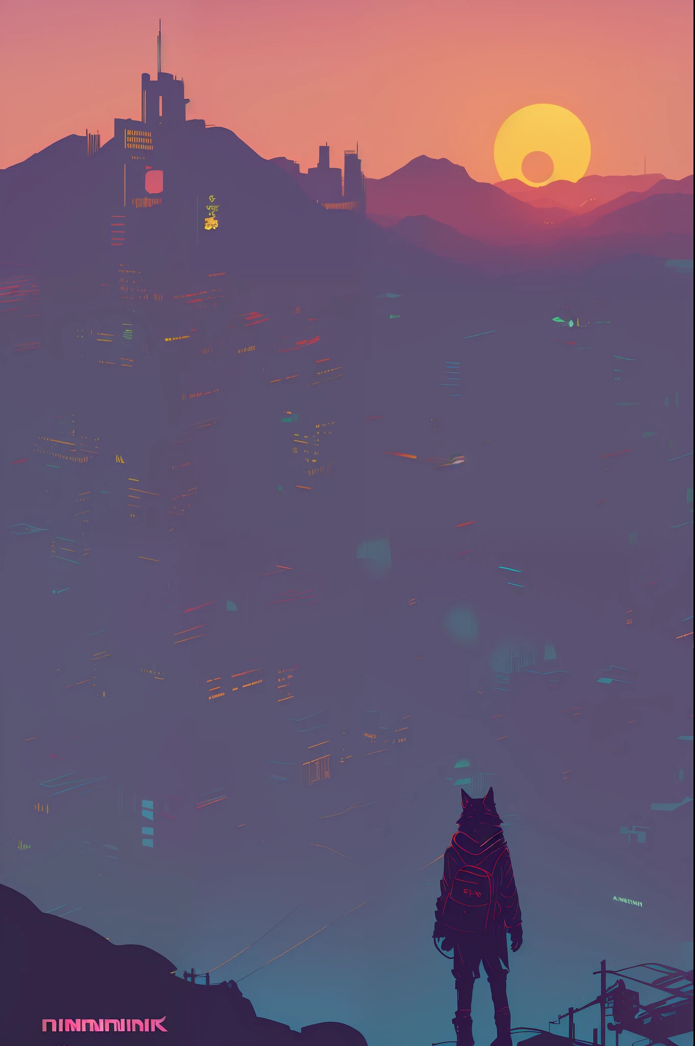 (nvinkpunk:1.2) (snthwve style:0.8) wolf, anthro, lightwave, sunset, intricate, highly detailed