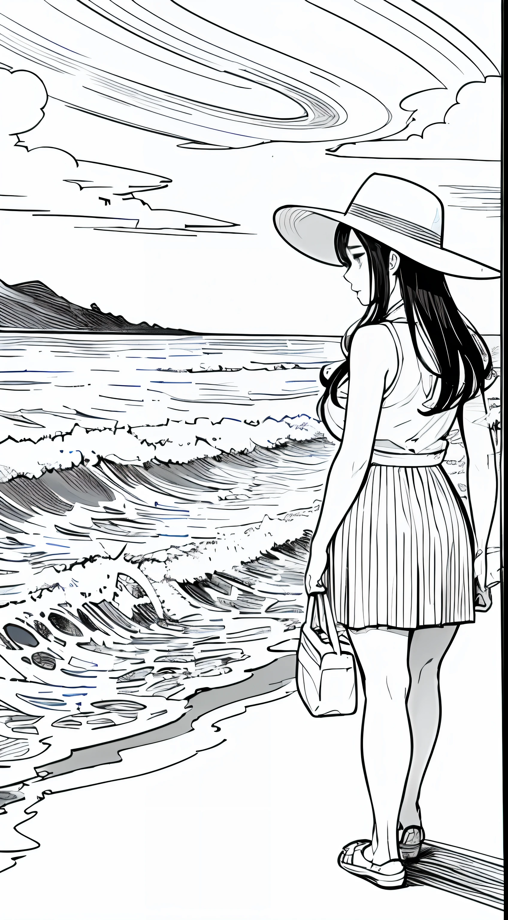 Obra maestra, superlativo, mujer paseando por la playa line drawing background, fondo blanco, monocromo, line drawing, ((bosquejo))