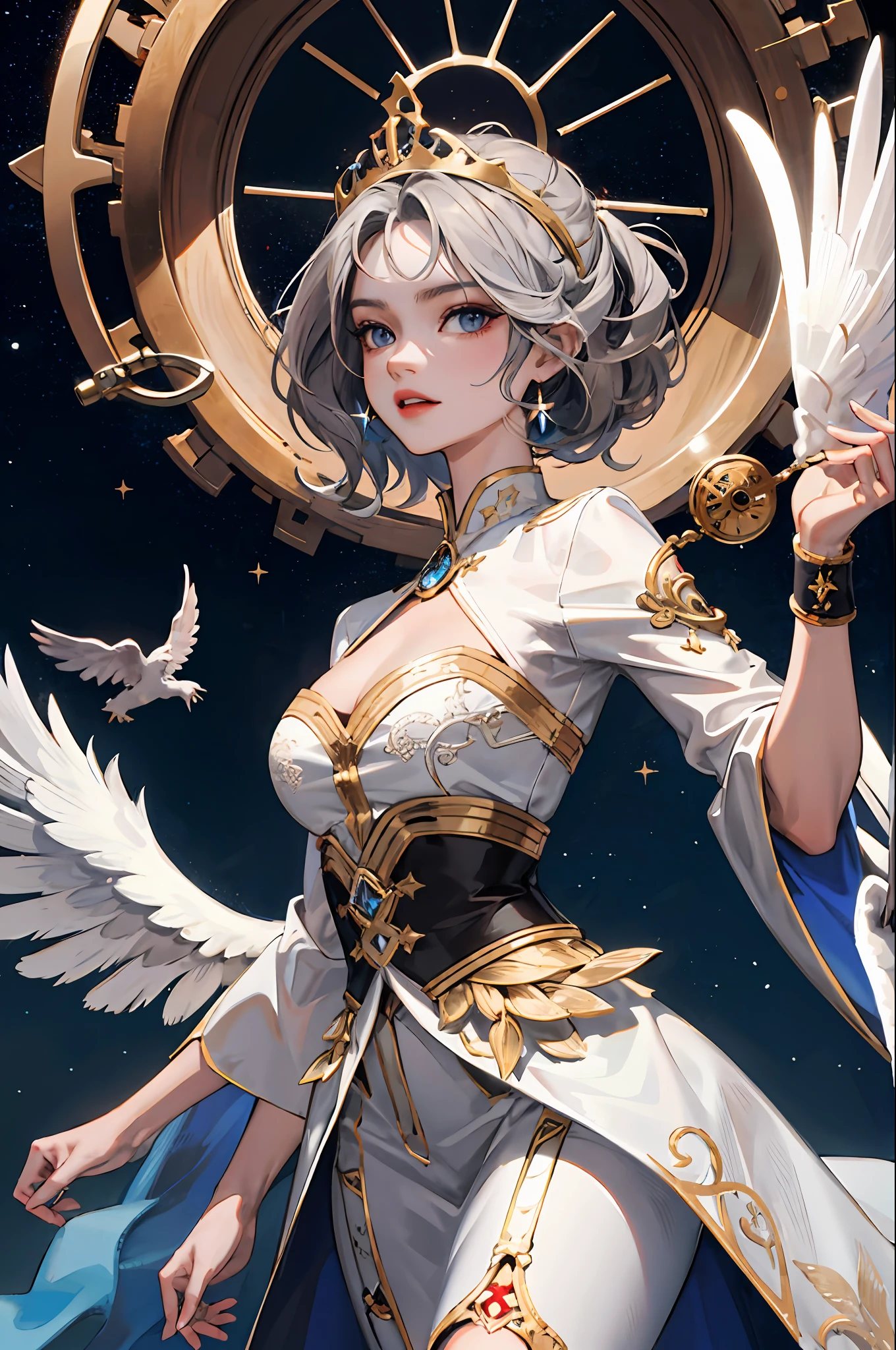 Comic art, RAW-format, (Zendaya) ,  grey-blue eyes, gray shaggy hair,
portrait, looking at viewer, solo, (waist-high shot) , detailed background, shining (vamptech  theme:1.1), divine archangel of time, (style-swirlmagic:0.9),  limitless time,   clockwork,  time and space, hourglass in background, symmetrical composition, majestic divine atmosphere, bright light, holy aura, bloom,  divine light, white clothes, golden embroidery,filigree,