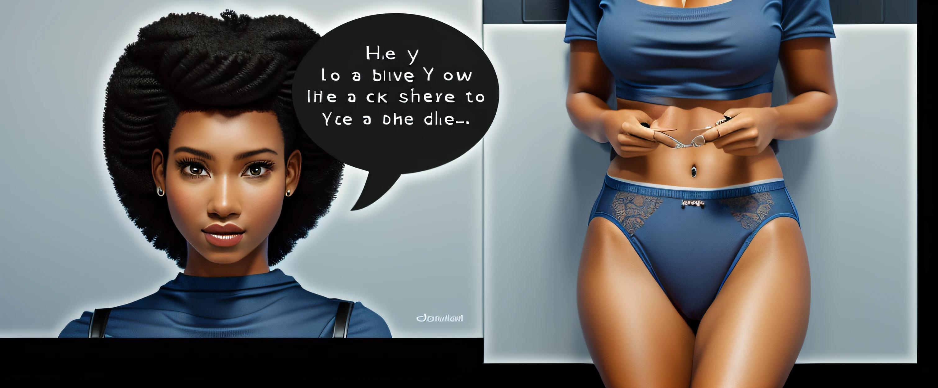 two shot panel, Curvy Black woman with Afro, lifting up blue shirt to show her white high cut panties, speech bubble saying "Hey, look over here, for a second...", photo realistic, intricate details