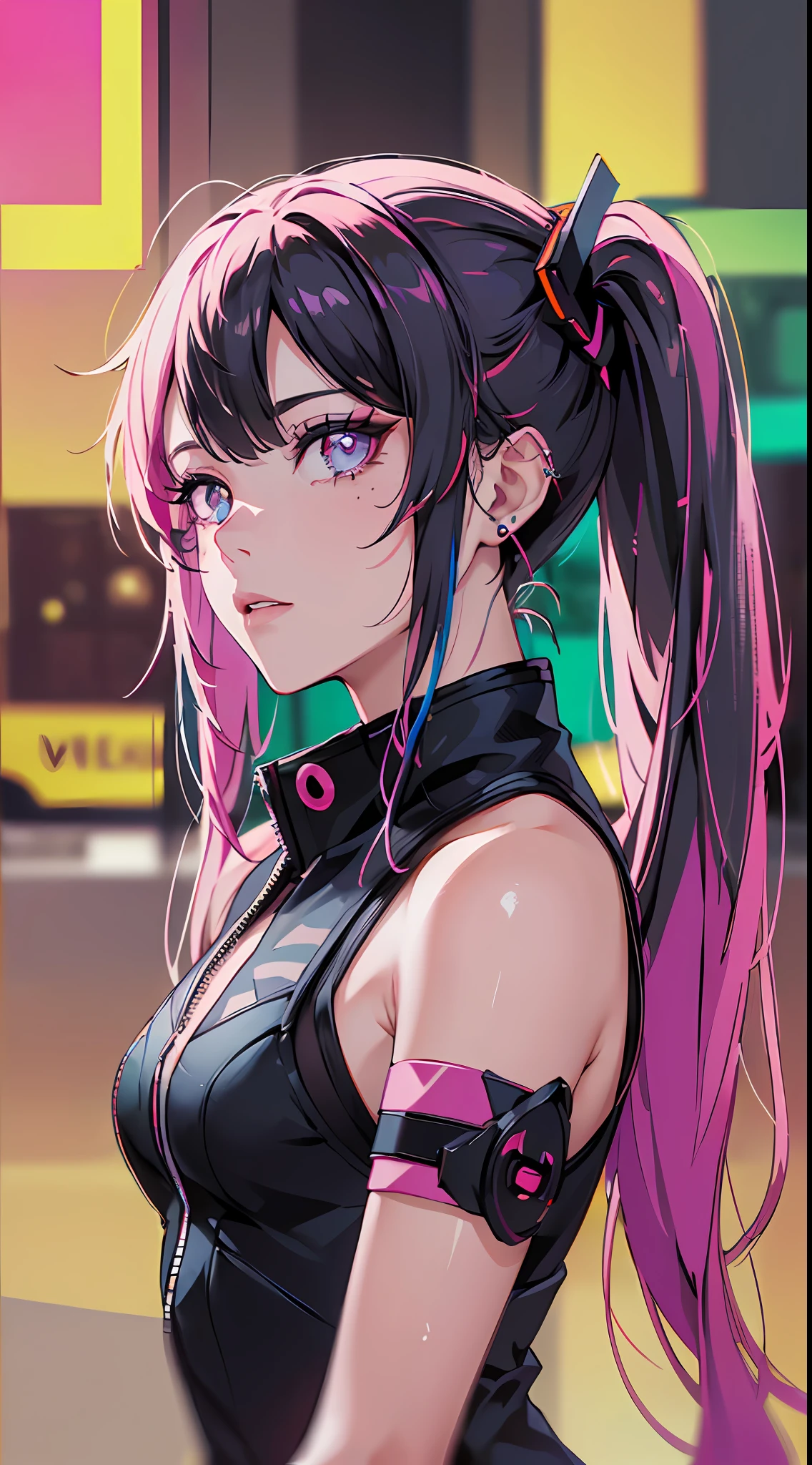 (obra-prima, melhor qualidade, noite, cabelo rosa, cabelo longo, twintails, 8k, absurdres, menina bonita, cyberpunk, cyber goth, (cyberpunk, acento rosa fluorescente, linhas rosa brilhantes em jaqueta curta: 1.4), neon, pulseiras e gargantilha, (brilhante, brilho, movie grain, chromatic aberration:2), (asian shopping district, rua, buildings, sky scraper: 1.2), maquiagem, (brincos cianos: 1.3), sharp-focus, fundo escuro,  perspectiva, profundidade de campo, (very small mechanical device, chuva, HDR, facelight, sharp-focus, dynamic lighting, cinematiclighting, sombra profissional, extremamente detalhado, detalhes finos, pele real: 0,8), (olhos detalhados, pupilas afiadas, pupilas realistas, fundo escuro: 0,6), (efeito de falha: 0,7), pupilas amarelas