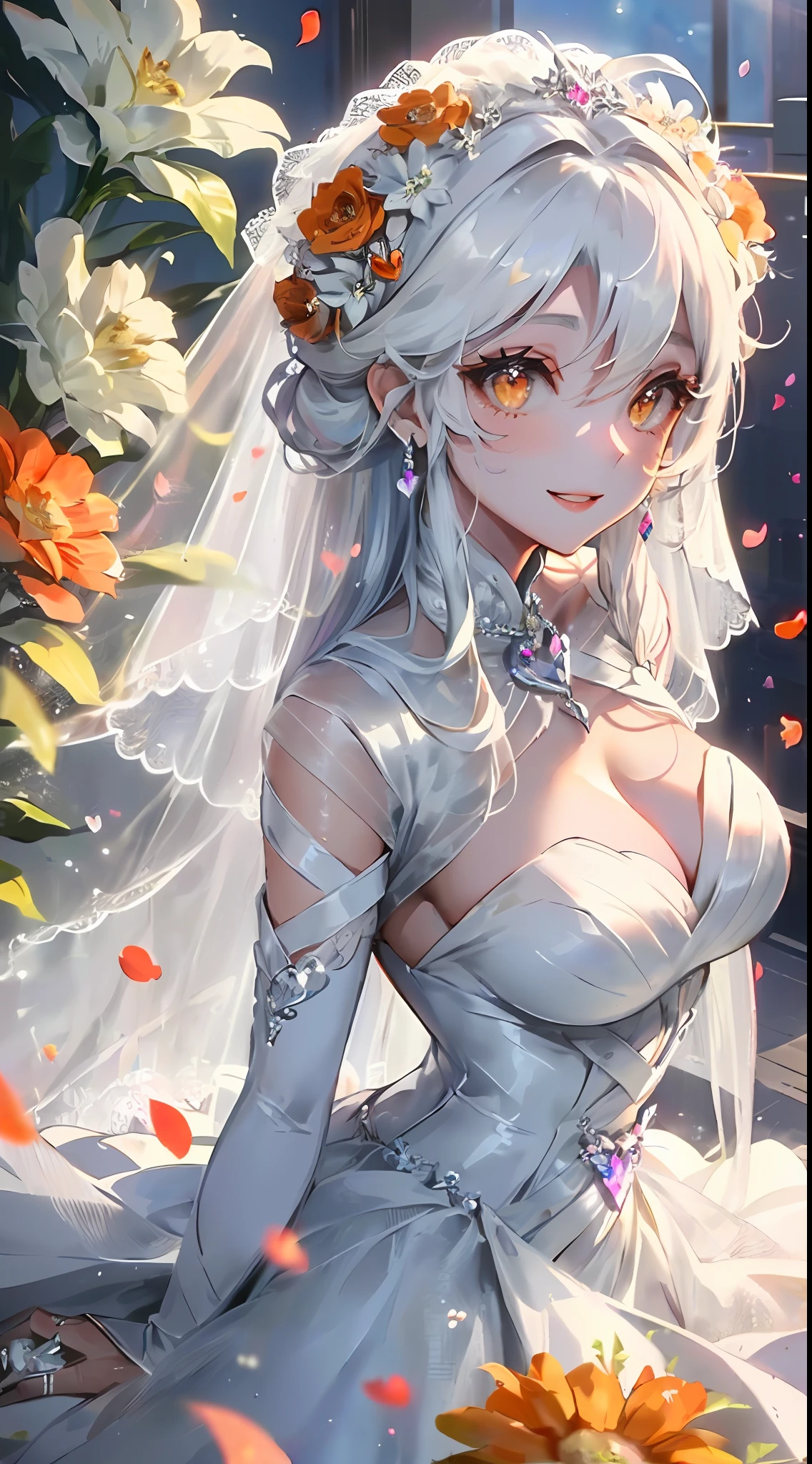 ((wedding)), ((Bride)), ((White Hair)), Orange Pink Eyes, Two-Tone eyes, ((Bridal Outfit), ((Flowers)), ((Petals)), ((Curvy)), ((Elegant)), ((Orange)), ((Crystals)), ((Love, Smile, Hearts)), ((White Brides Dress)), ((Long Hair))