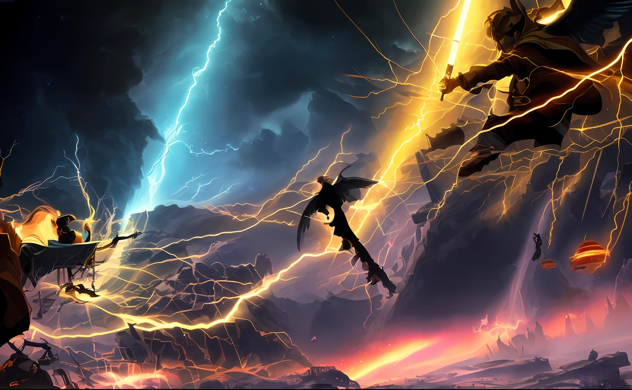 there are two angels that are flying in the sky, epic fantasy sci fi illustration, science fiction digital art, cinematic lightning and colors, sci fi epic digital art, epic scifi fantasy art, arte digital sci-fi, interdimensional lightning, ominous space battle background, sci-fi fantasy wallpaper, lightning fantasy magic, cosmic energy wires, fantasy science fiction