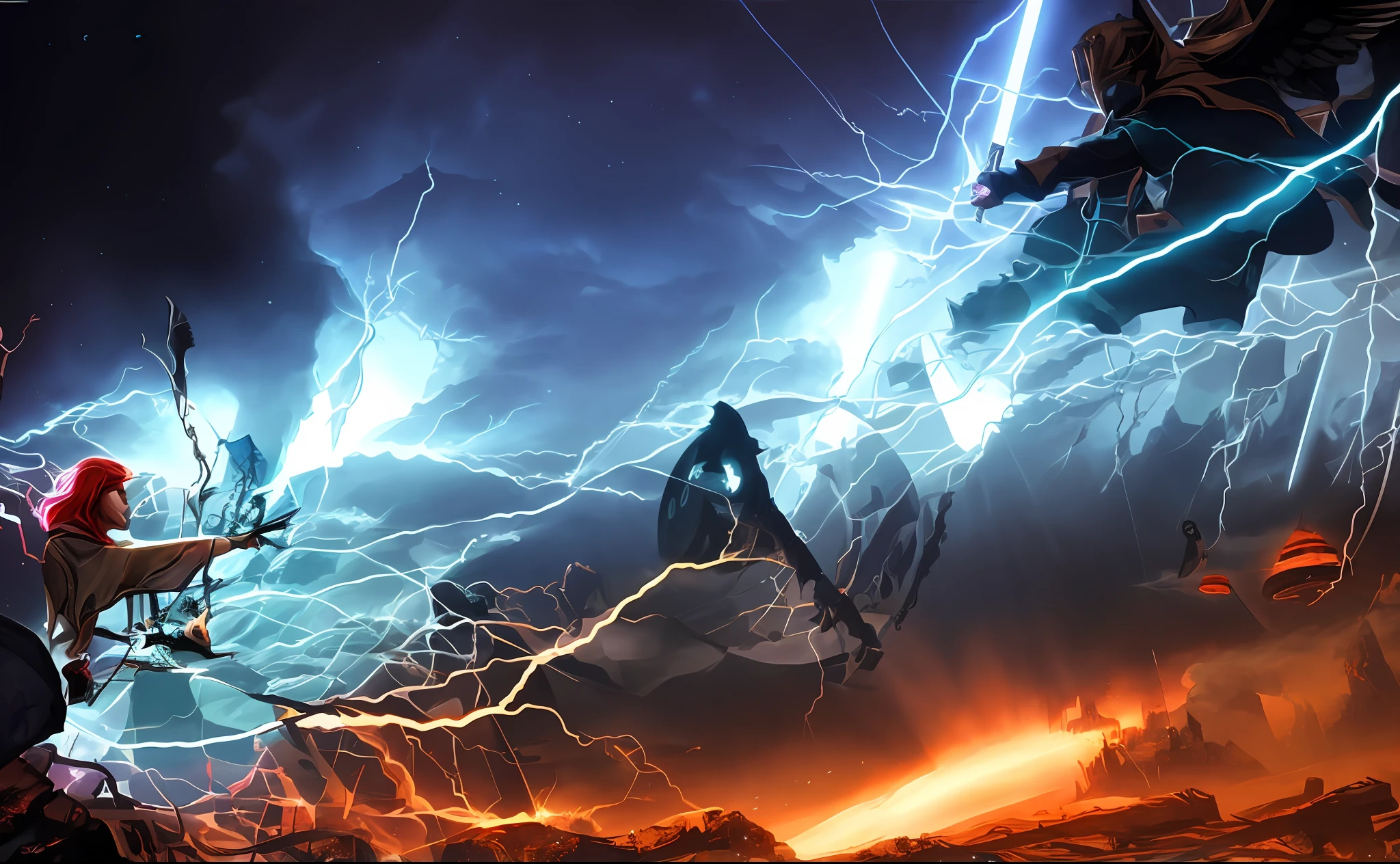 there are two angels that are flying in the sky, epic fantasy sci fi illustration, science fiction digital art, cinematic lightning and colors, sci fi epic digital art, epic scifi fantasy art, arte digital sci-fi, interdimensional lightning, ominous space battle background, sci-fi fantasy wallpaper, lightning fantasy magic, cosmic energy wires, fantasy science fiction